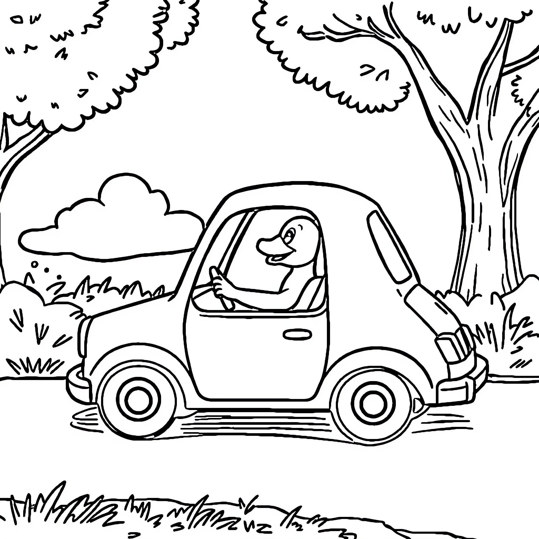 Duck driving a car through the countryside Coloring Page (free black-and-white line drawing printable PDF for all, from beginners to advanced learners, including children, teens, adults, and seniors)