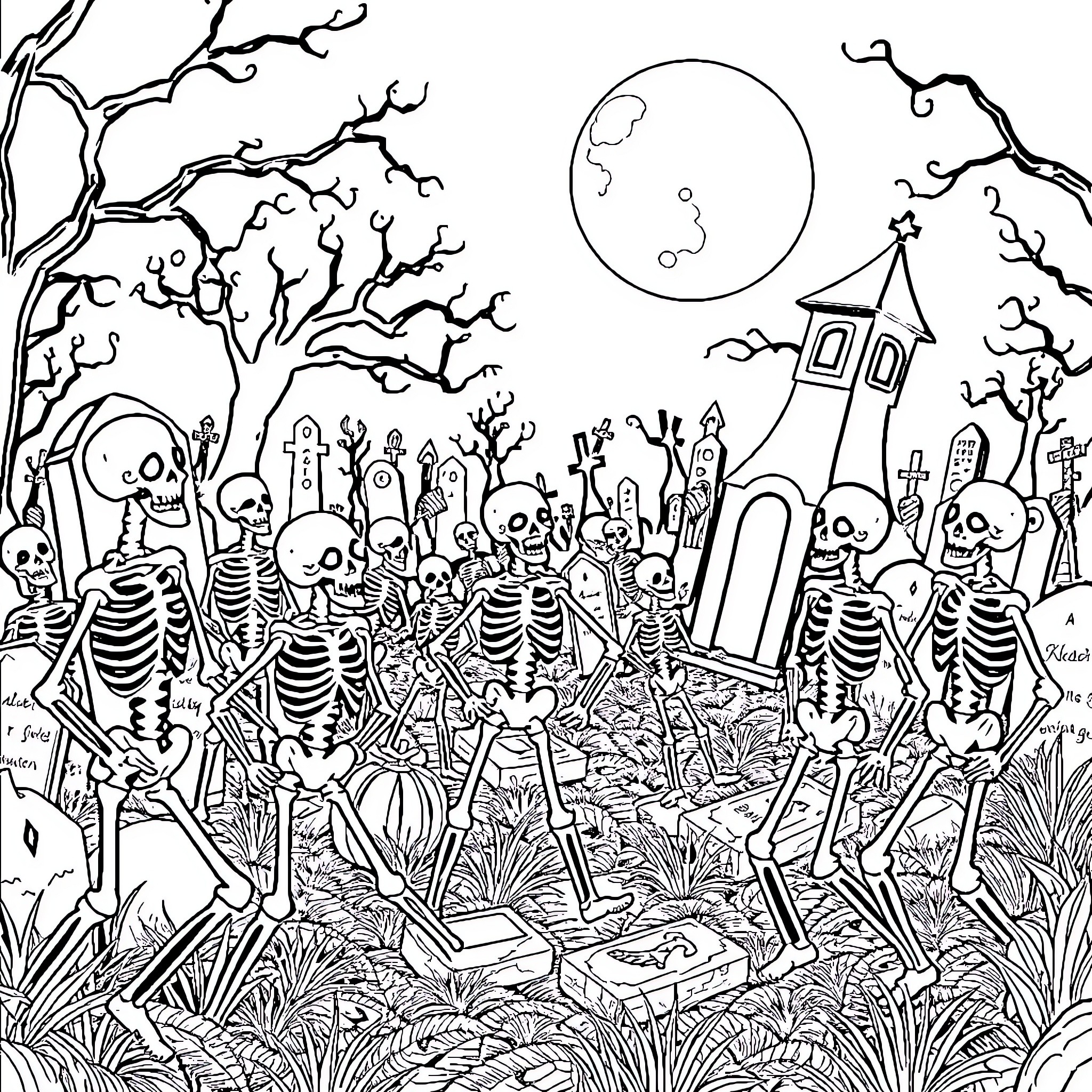 Skeleton gathering in a spooky graveyard Coloring Page (free black-and-white line drawing printable PDF for all, from beginners to advanced learners, including children, teens, adults, and seniors)