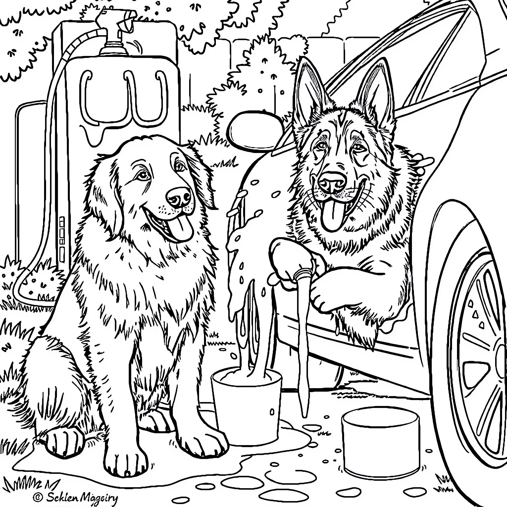 Dogs Enjoying a Car Wash Coloring Page (free black-and-white line drawing printable PDF for all, from beginners to advanced learners, including children, teens, adults, and seniors)