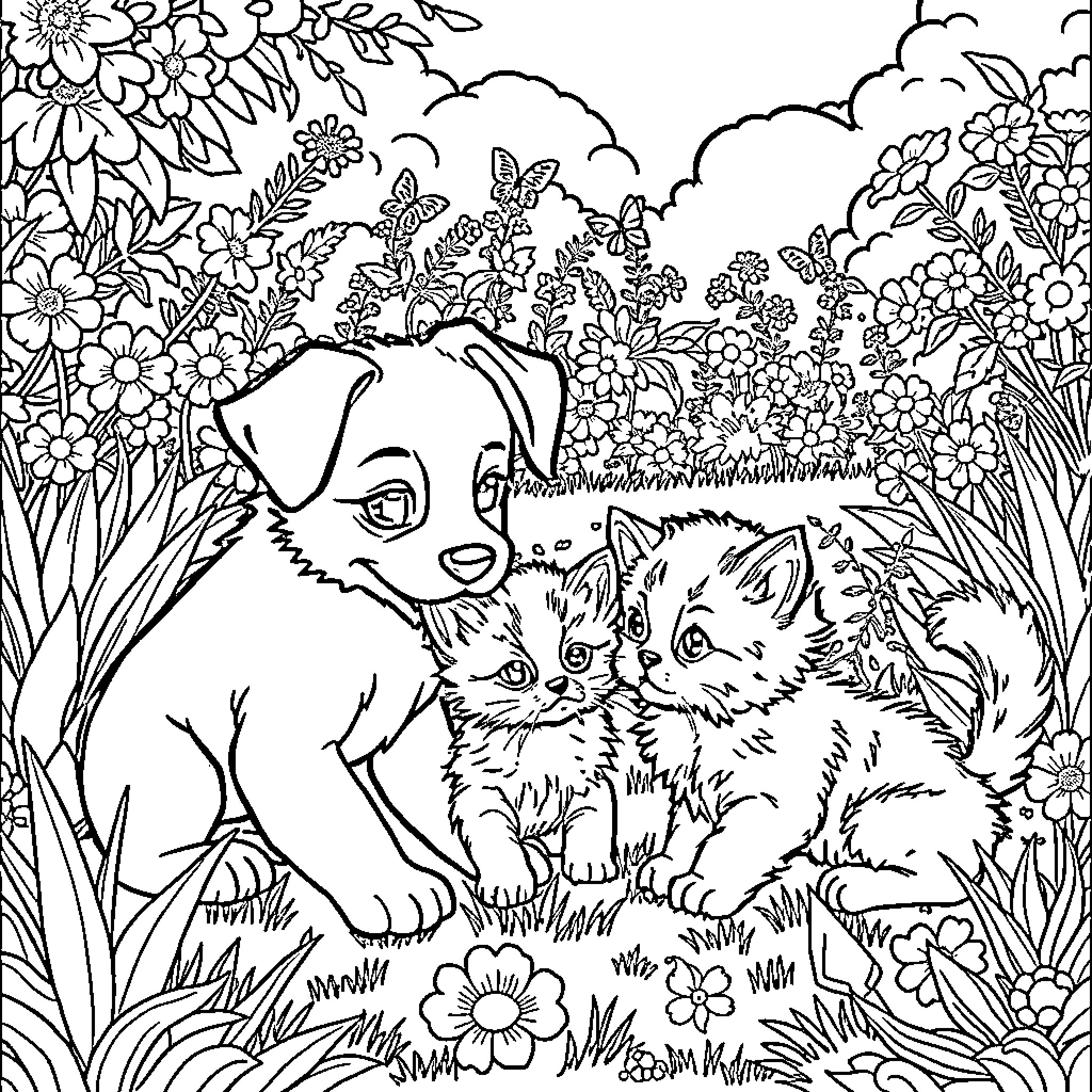 Pup and Kittens playing in a floral garden Coloring Page (free black-and-white line drawing printable PDF for all, from beginners to advanced learners, including children, teens, adults, and seniors)
