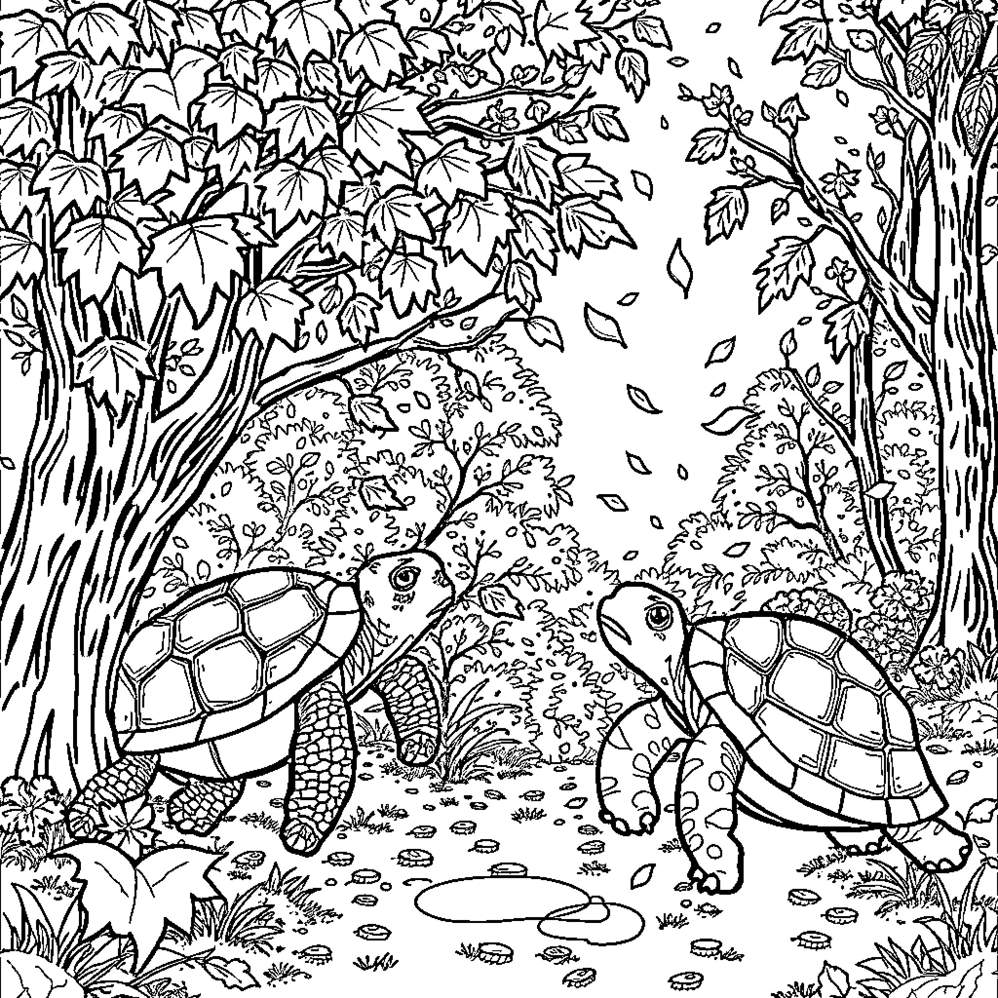 Turtle strolling through the vibrant forest landscape Coloring Page (free black-and-white line drawing printable PDF for all, from beginners to advanced learners, including children, teens, adults, and seniors)