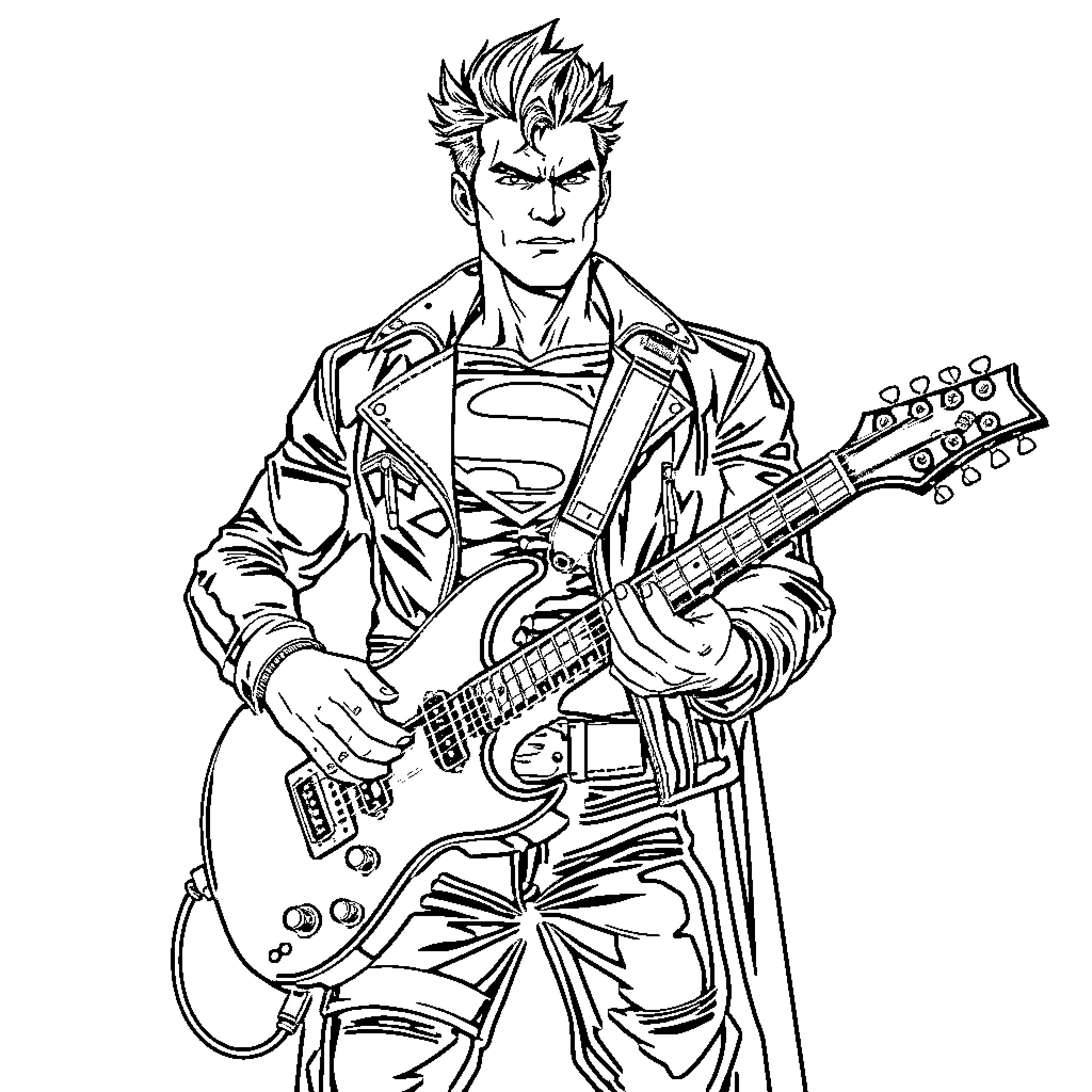 Superman rock star playing electric guitar Coloring Page (free black-and-white line drawing printable PDF for all, from beginners to advanced learners, including children, teens, adults, and seniors)