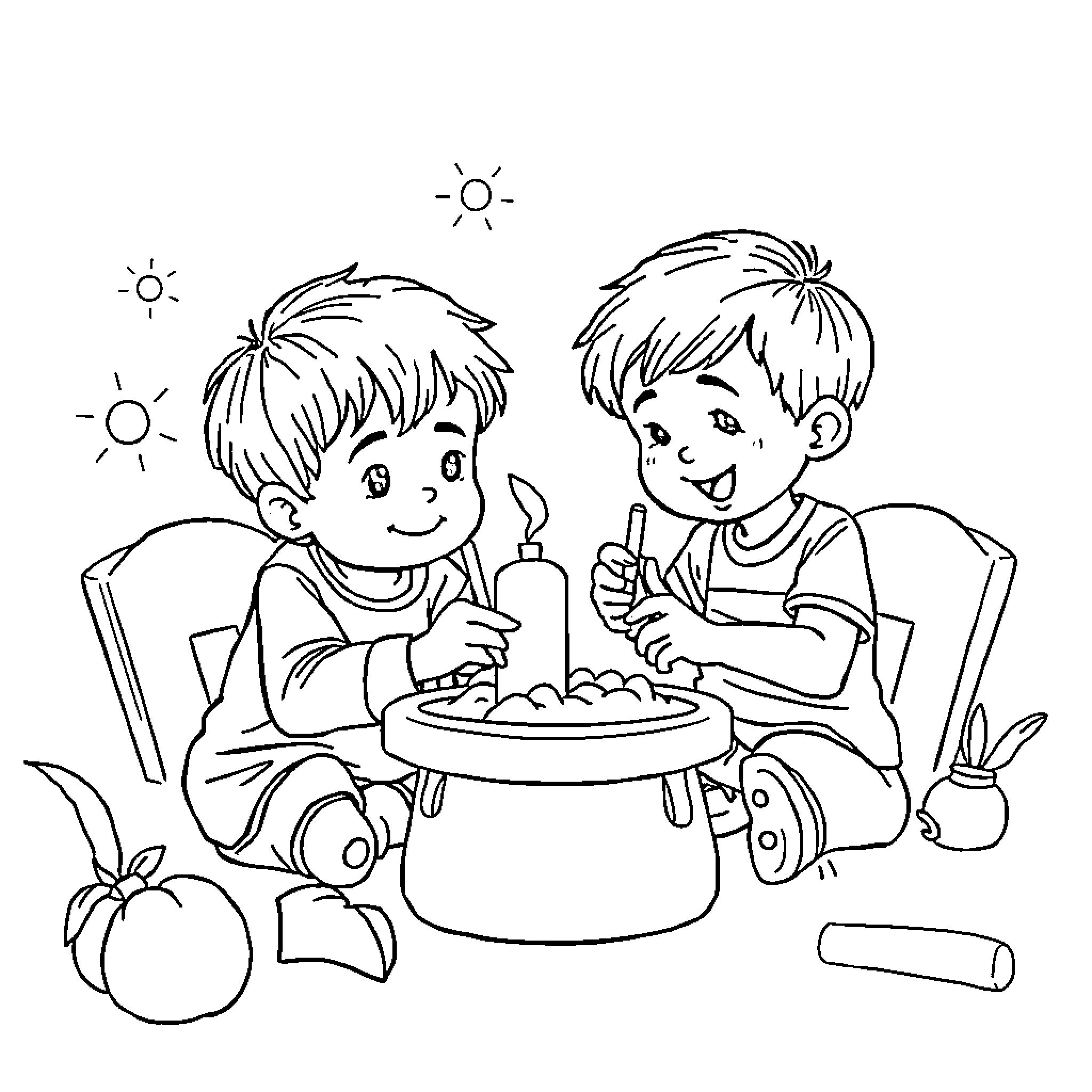Niños enjoying birthday cake outdoors Coloring Page (free black-and-white line drawing printable PDF for all, from beginners to advanced learners, including children, teens, adults, and seniors)