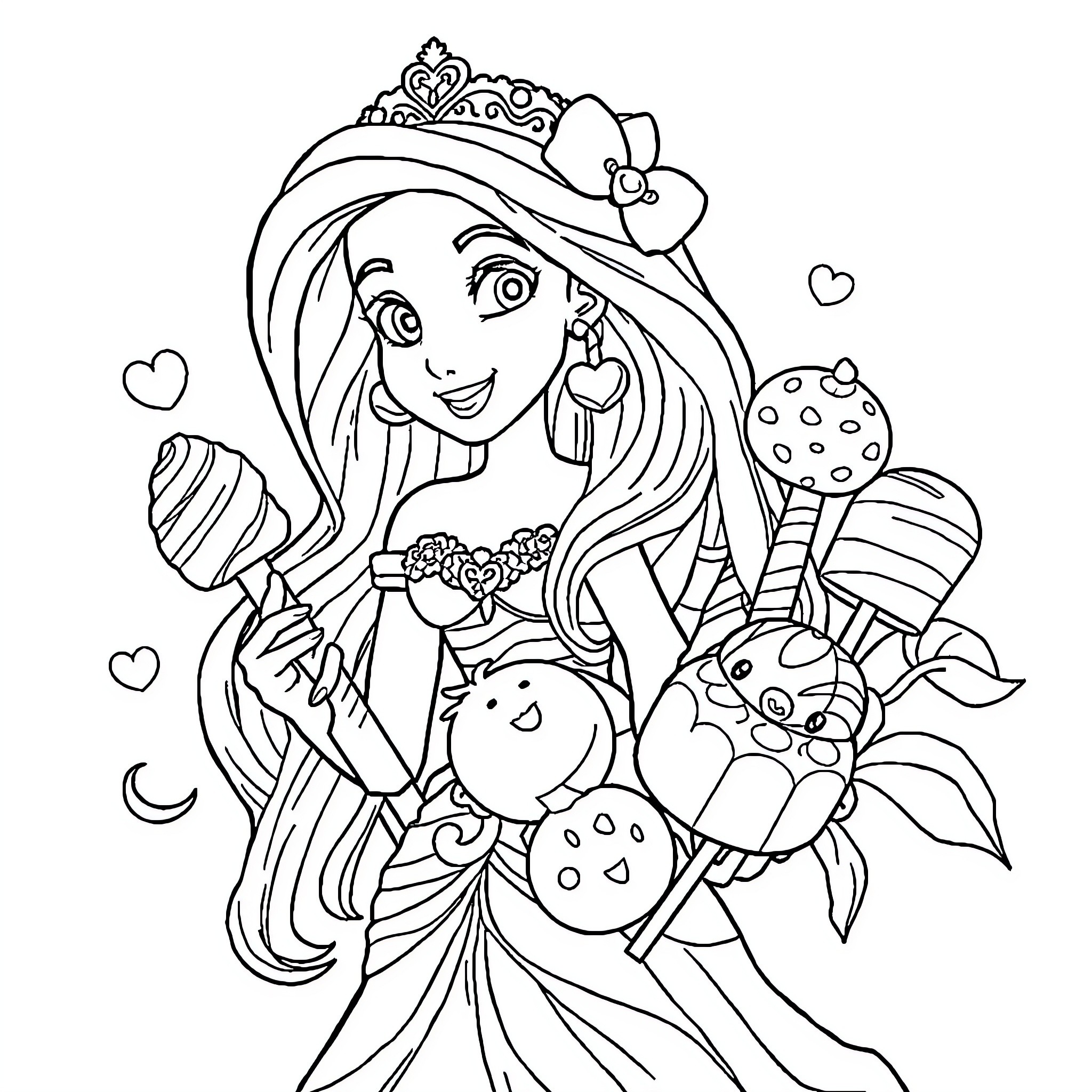 Moana in Whimsical Princess Attire Coloring Page (free black-and-white line drawing printable PDF for all, from beginners to advanced learners, including children, teens, adults, and seniors)