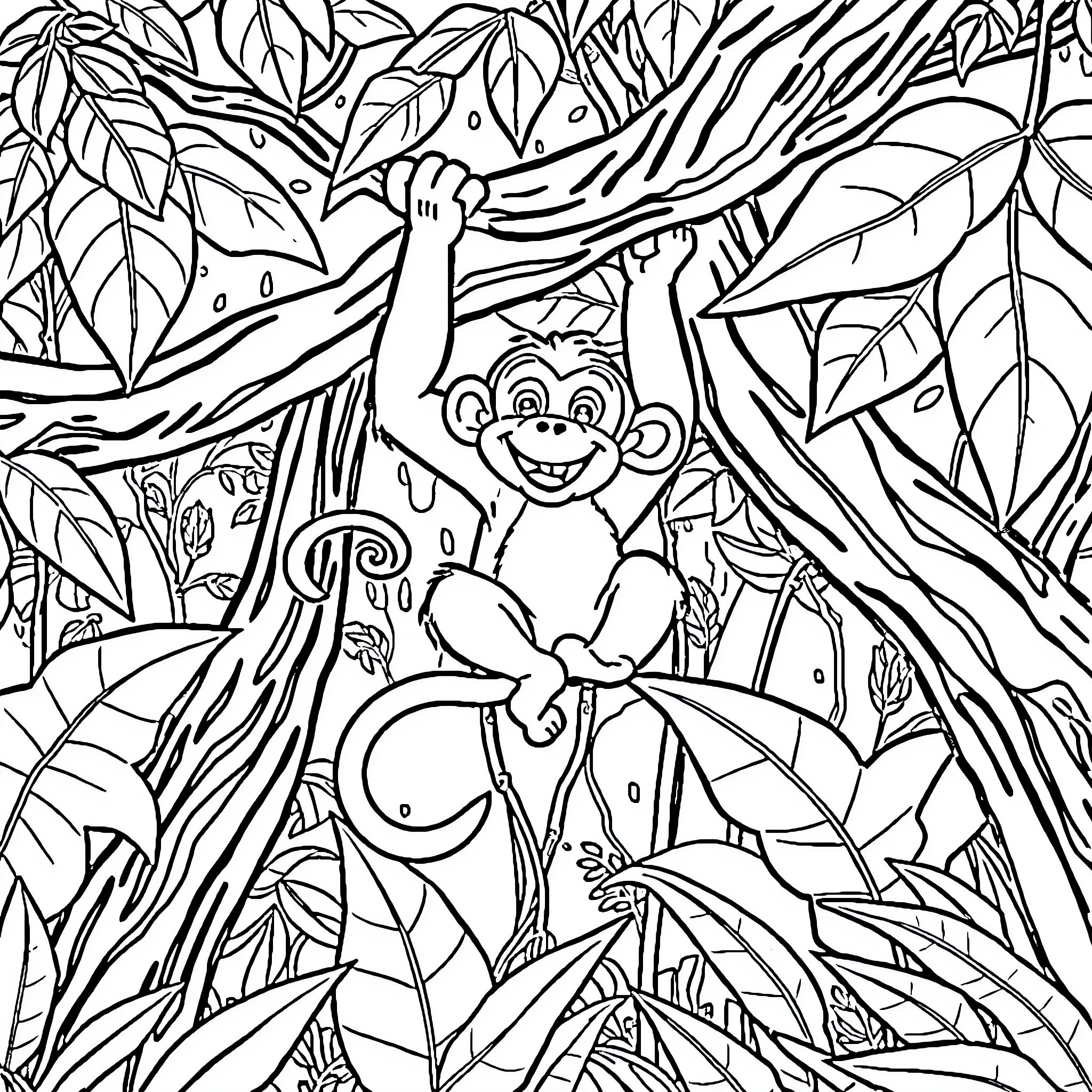 Monkey playing in the tropical jungle Coloring Page (free black-and-white line drawing printable PDF for all, from beginners to advanced learners, including children, teens, adults, and seniors)