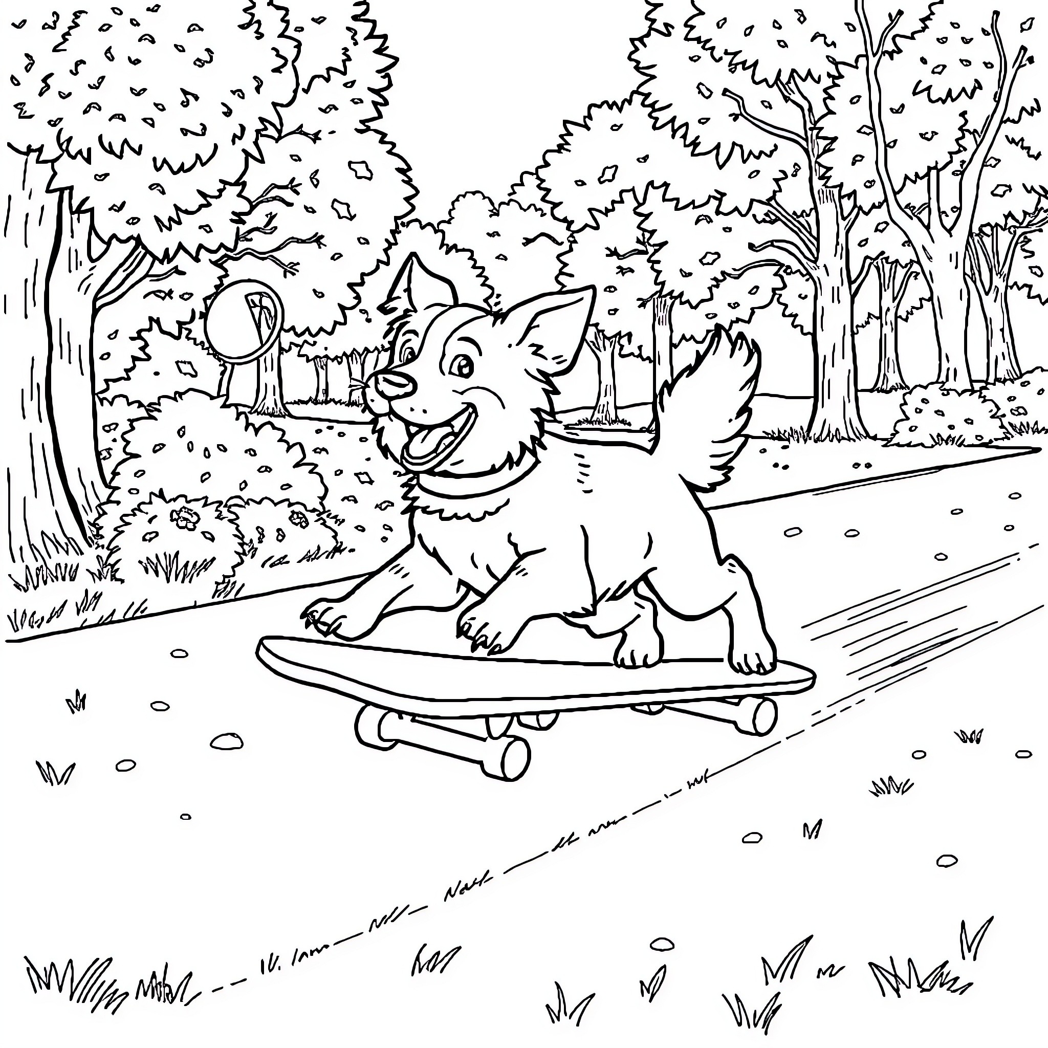 Dog riding a skateboard in the park Coloring Page (free black-and-white line drawing printable PDF for all, from beginners to advanced learners, including children, teens, adults, and seniors)