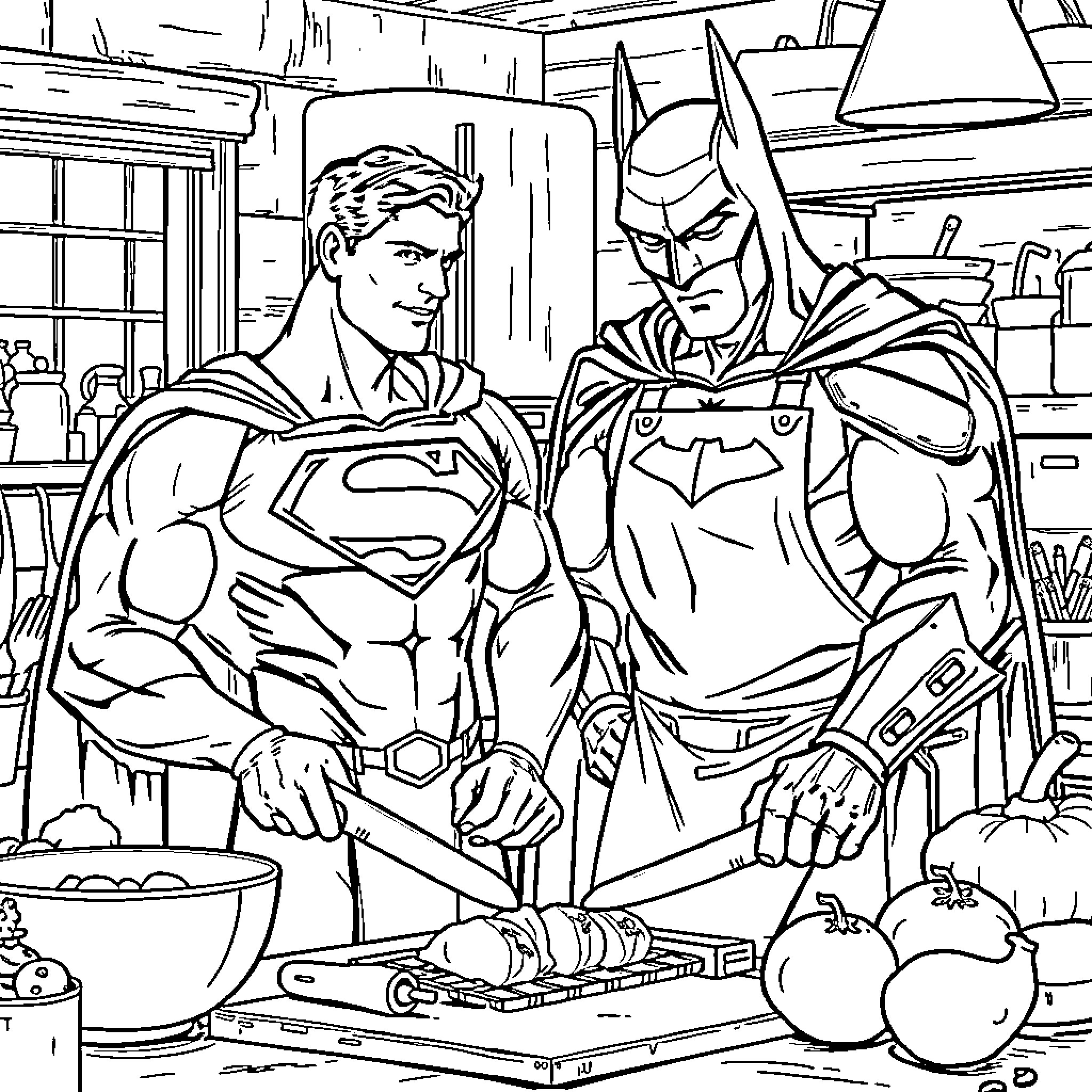 Superman and Batman in a kitchen setting Coloring Page (free black-and-white line drawing printable PDF for all, from beginners to advanced learners, including children, teens, adults, and seniors)
