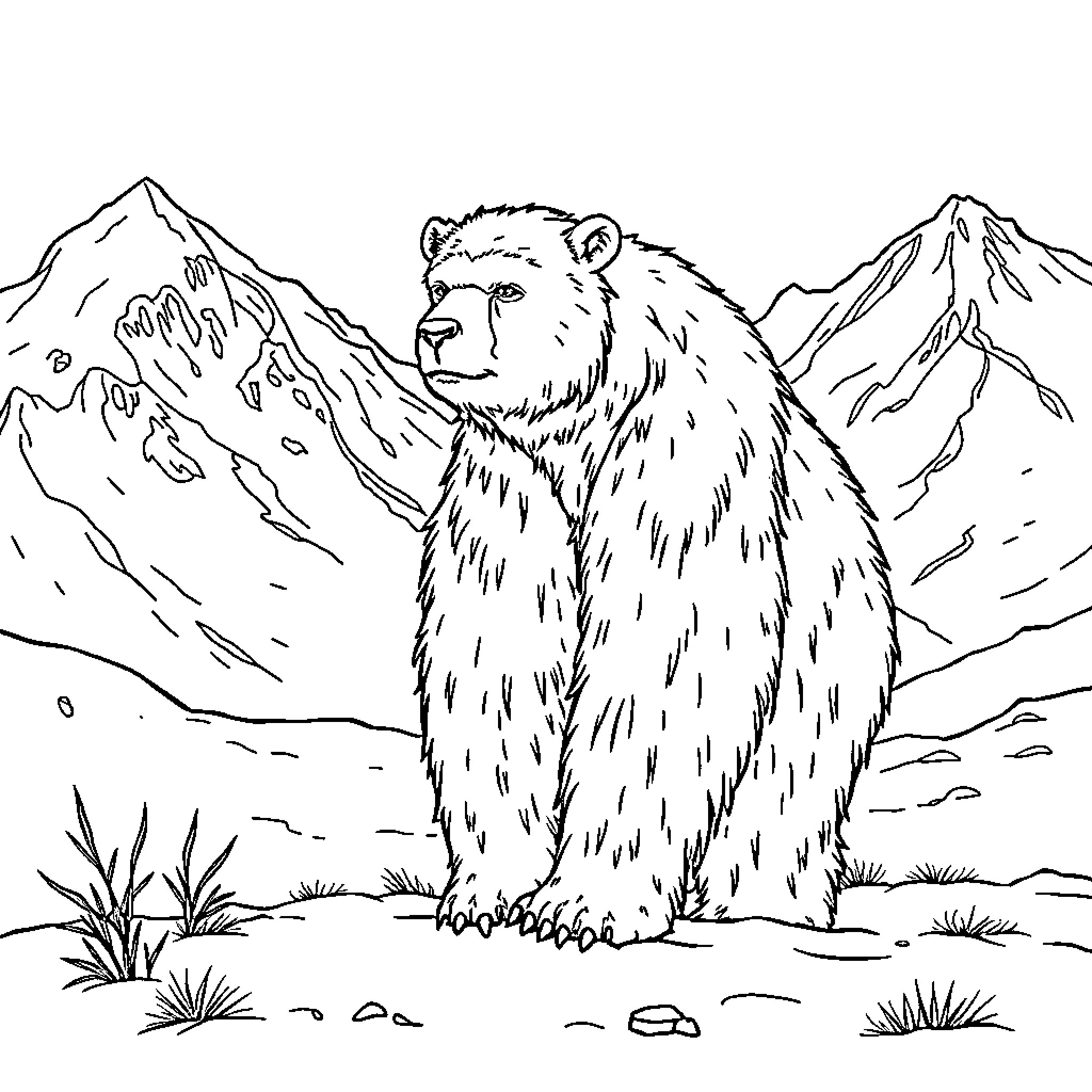 Yeti standing tall in the snowy mountains Coloring Page (free black-and-white line drawing printable PDF for all, from beginners to advanced learners, including children, teens, adults, and seniors)