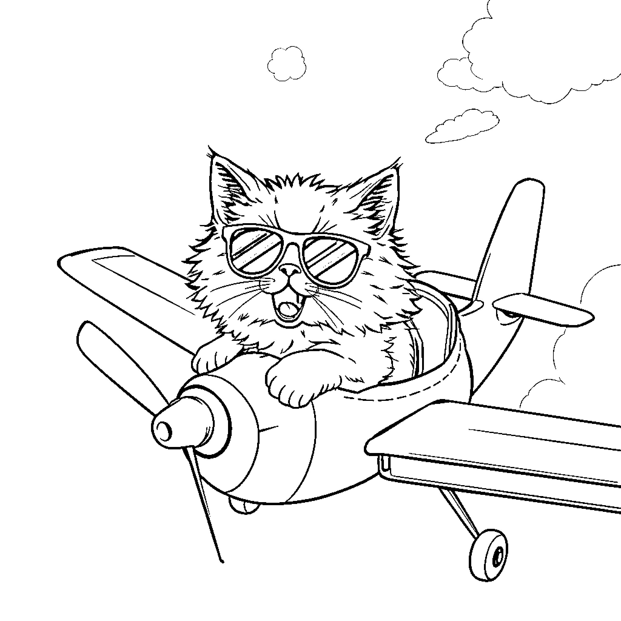 Cat pilot riding an aircraft Coloring Page (free black-and-white line drawing printable PDF for all, from beginners to advanced learners, including children, teens, adults, and seniors)