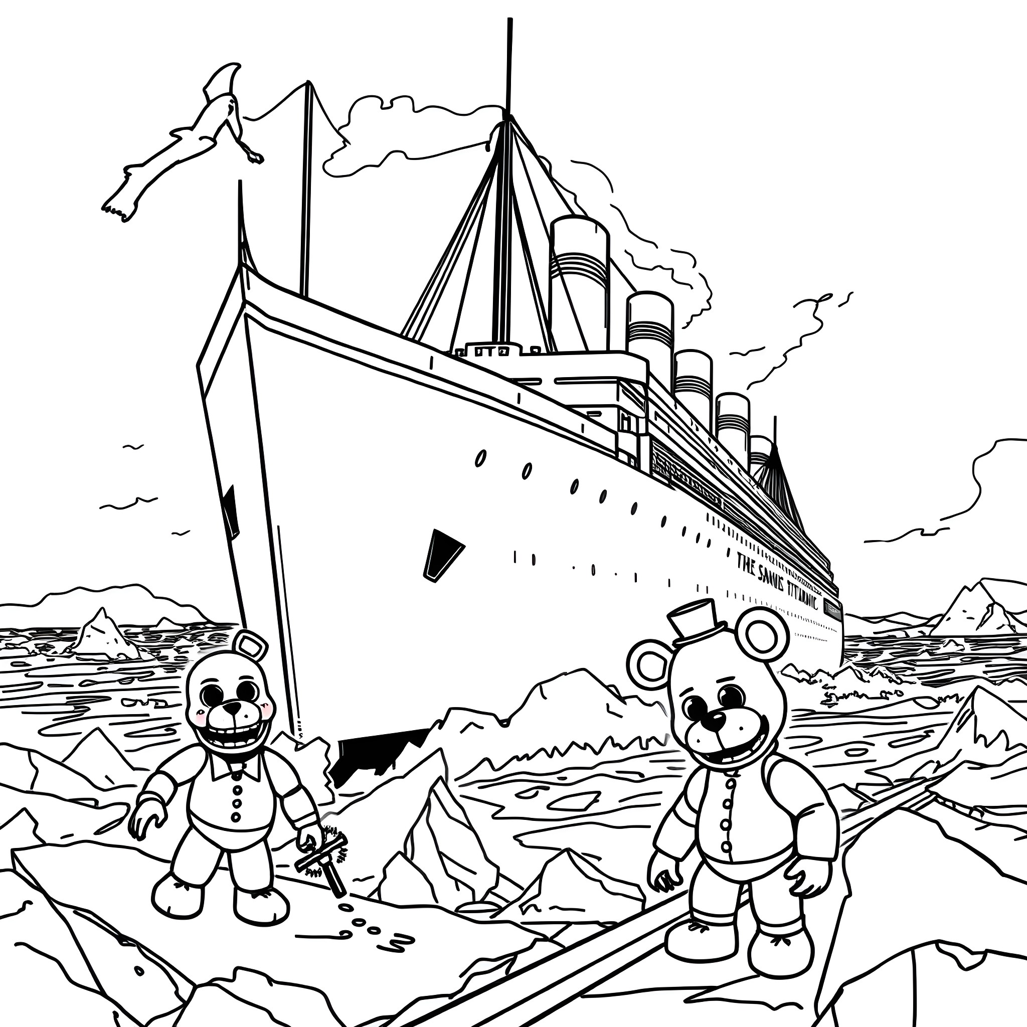 Titanic ship sinking with passengers in icy waters Coloring Page (free black-and-white line drawing printable PDF for all, from beginners to advanced learners, including children, teens, adults, and seniors)