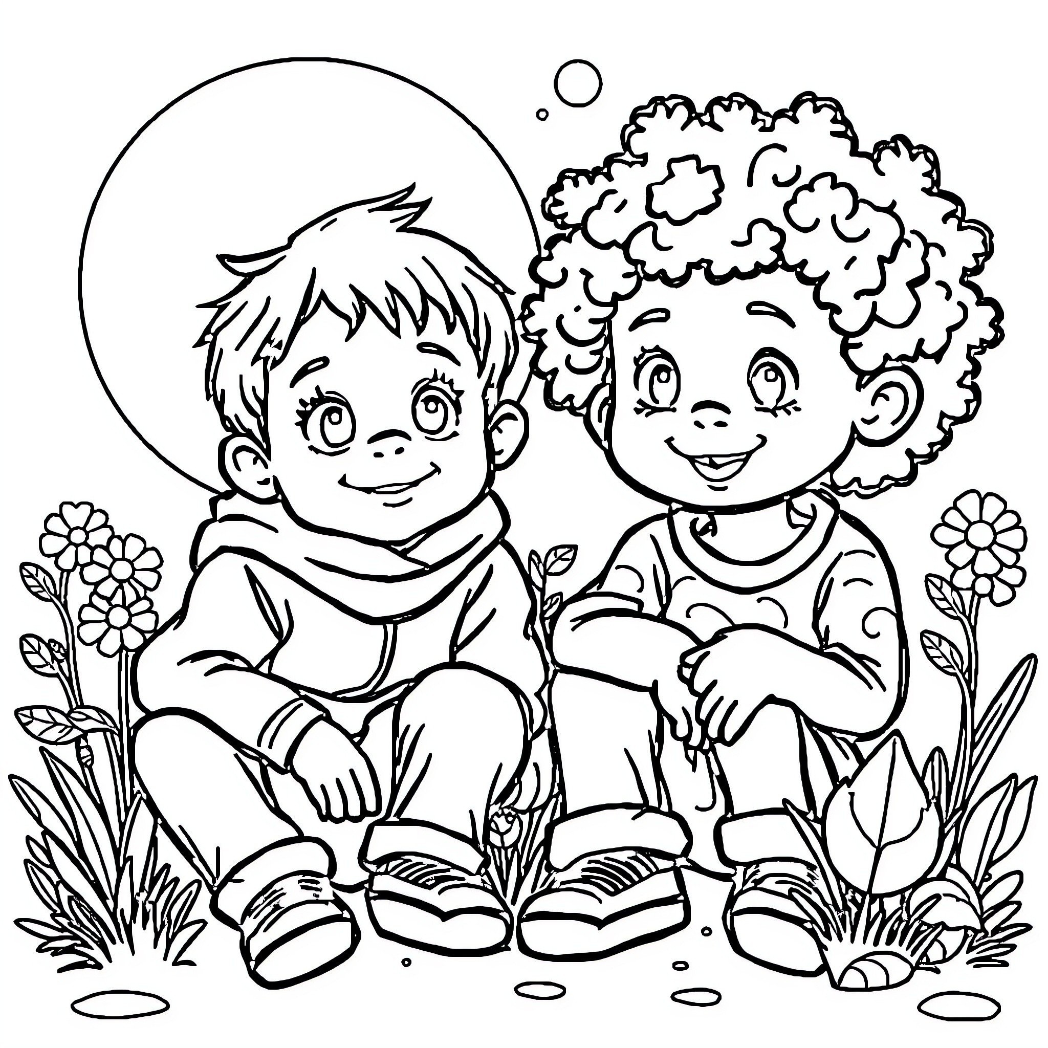 Autism Awareness: Children Enjoying Nature Together Coloring Page (free black-and-white line drawing printable PDF for all, from beginners to advanced learners, including children, teens, adults, and seniors)
