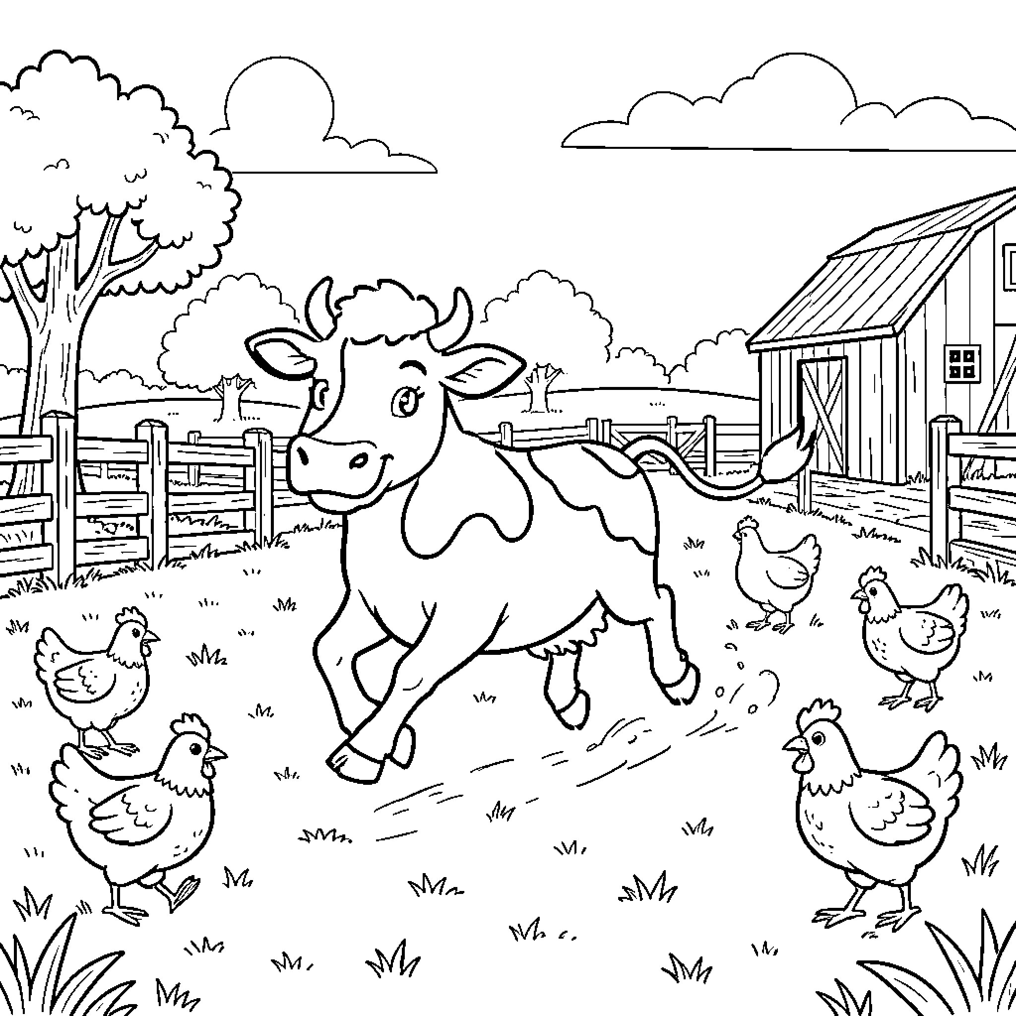 Clarabelle Cow walking happily through a farmyard with chickens Coloring Page (free black-and-white line drawing printable PDF for all, from beginners to advanced learners, including children, teens, adults, and seniors)