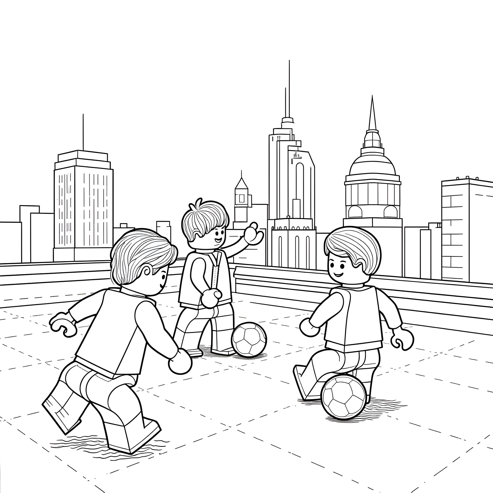 Soccer Players Enjoying a Game in the City Coloring Page (free black-and-white line drawing printable PDF for all, from beginners to advanced learners, including children, teens, adults, and seniors)