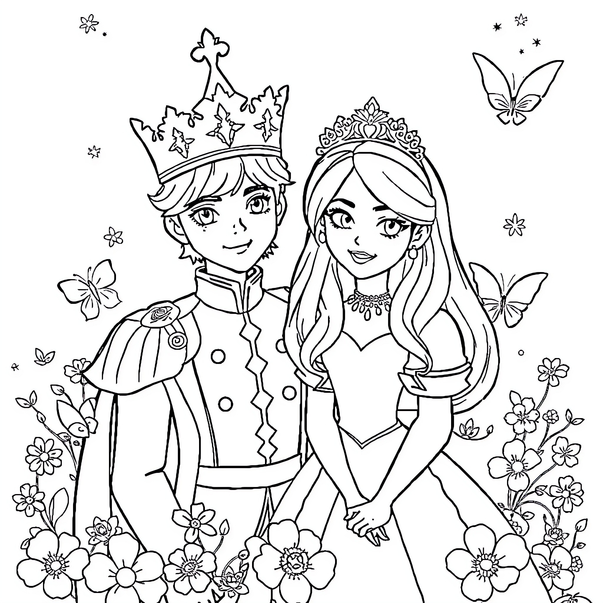 Prince and Princess in Fairy Tale Garden Coloring Page (free black-and-white line drawing printable PDF for all, from beginners to advanced learners, including children, teens, adults, and seniors)