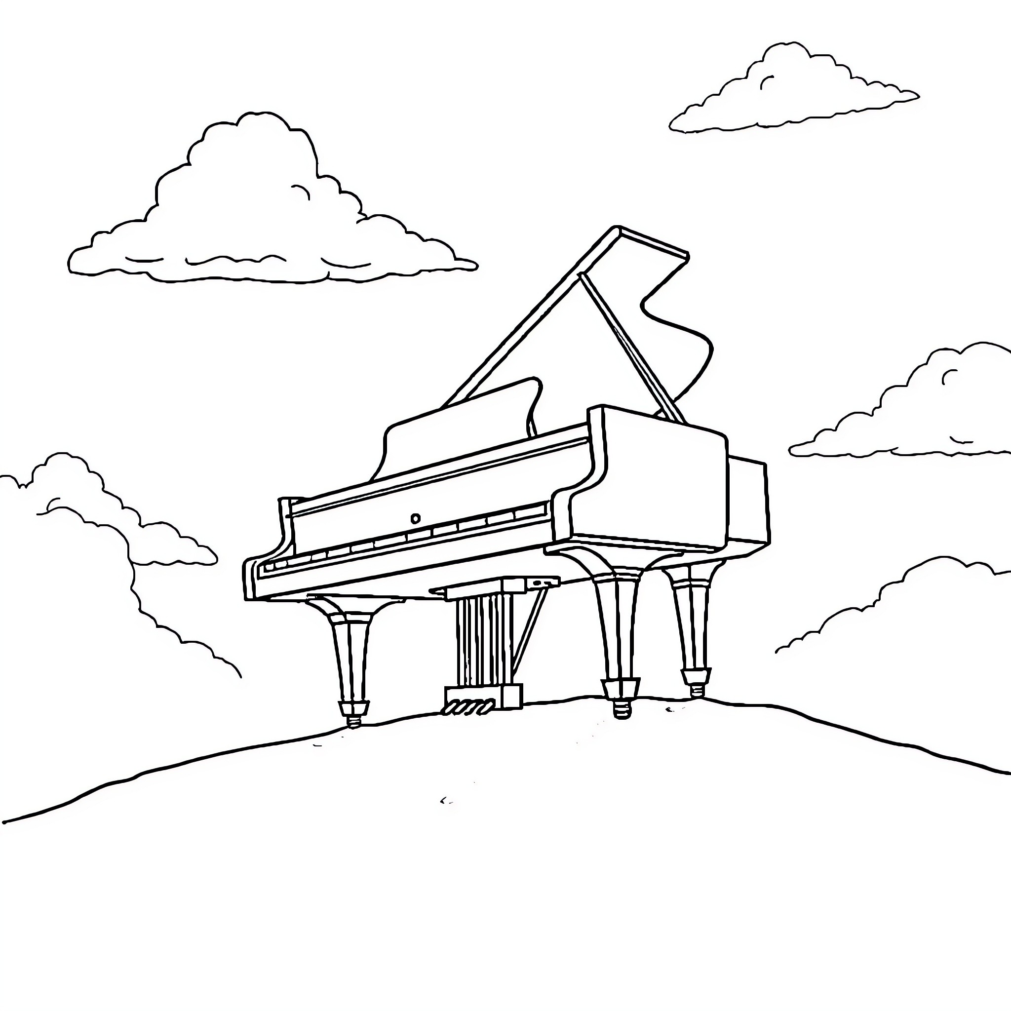 Piano in the Clouds Coloring Page (free black-and-white line drawing printable PDF for all, from beginners to advanced learners, including children, teens, adults, and seniors)