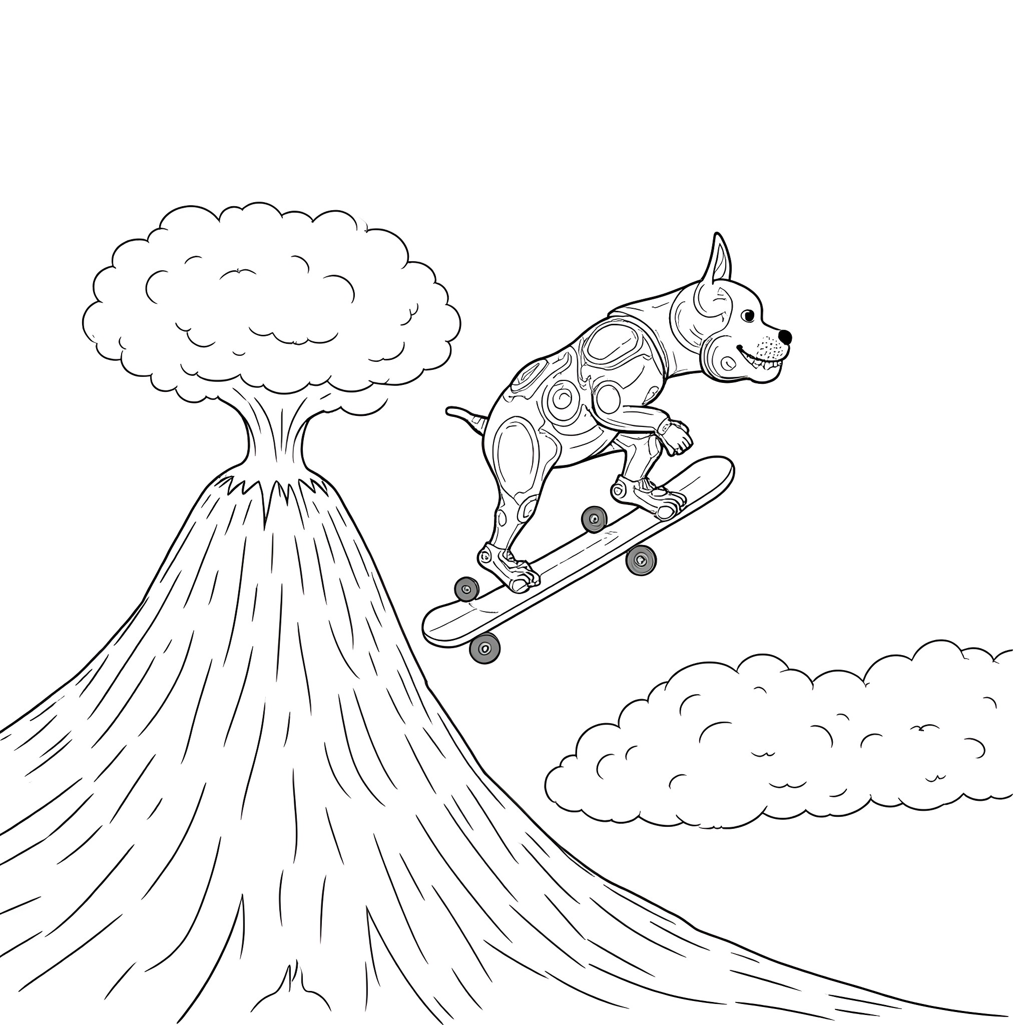 Boston Terrier riding a skateboard near a volcano Coloring Page (free black-and-white line drawing printable PDF for all, from beginners to advanced learners, including children, teens, adults, and seniors)
