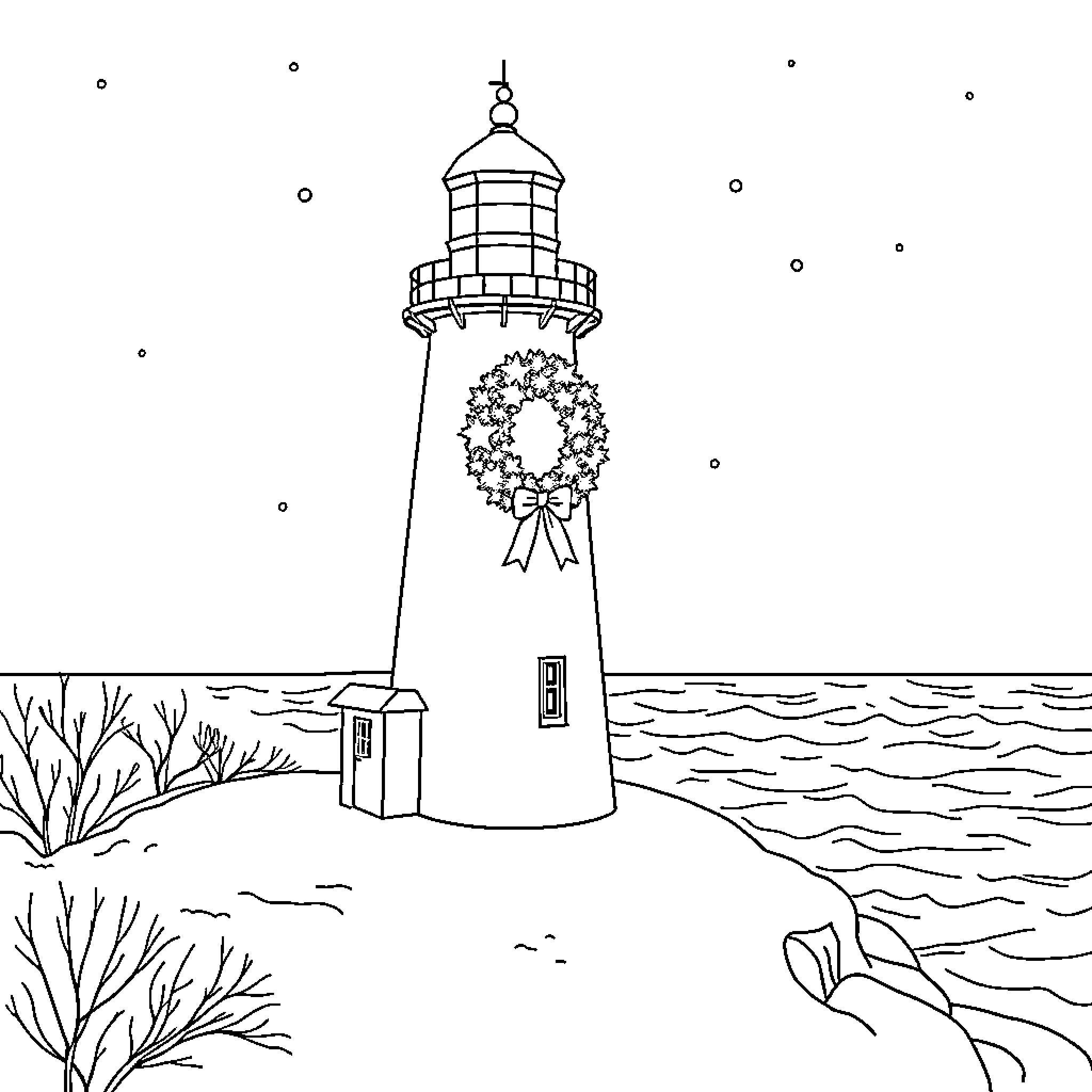 Lighthouse with Festive Wreath on the Seashore Coloring Page (free black-and-white line drawing printable PDF for all, from beginners to advanced learners, including children, teens, adults, and seniors)