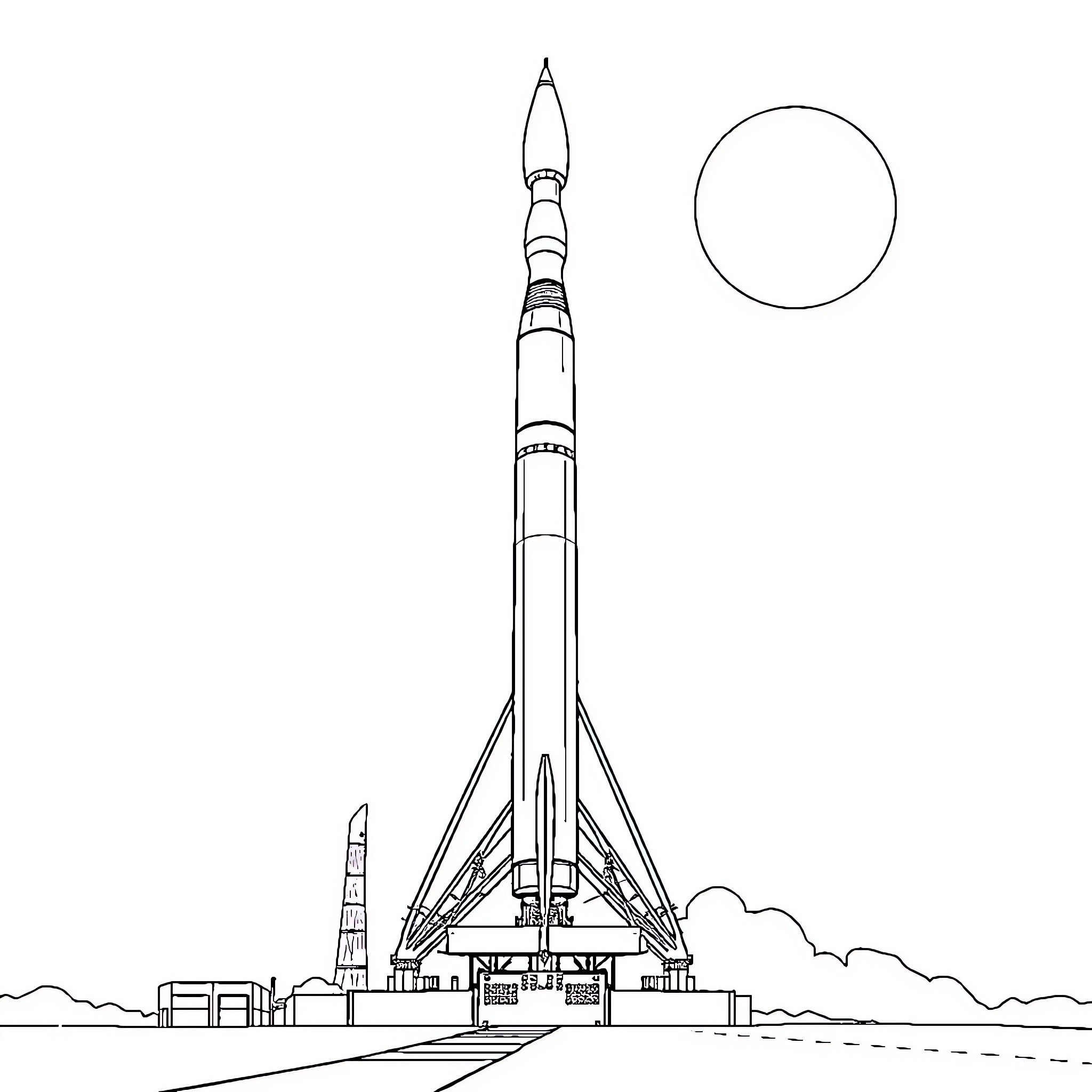 Saturn rocket launch preparing for liftoff Coloring Page (free black-and-white line drawing printable PDF for all, from beginners to advanced learners, including children, teens, adults, and seniors)