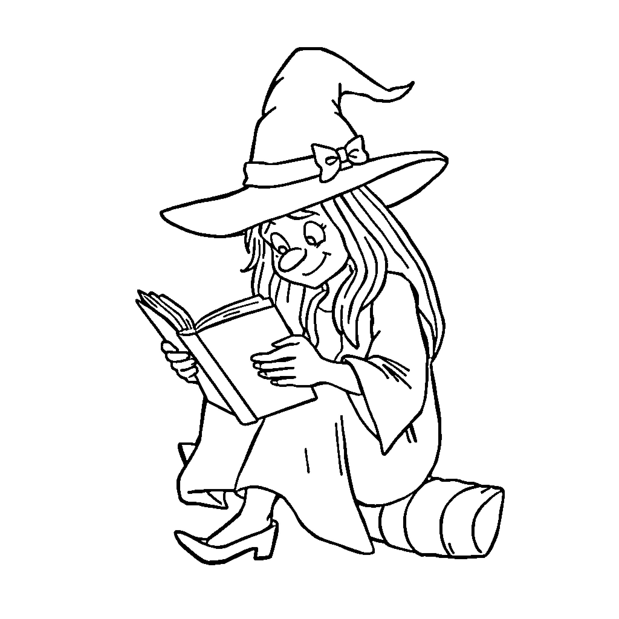Witch reading a book in a pensive pose Coloring Page (free black-and-white line drawing printable PDF for all, from beginners to advanced learners, including children, teens, adults, and seniors)
