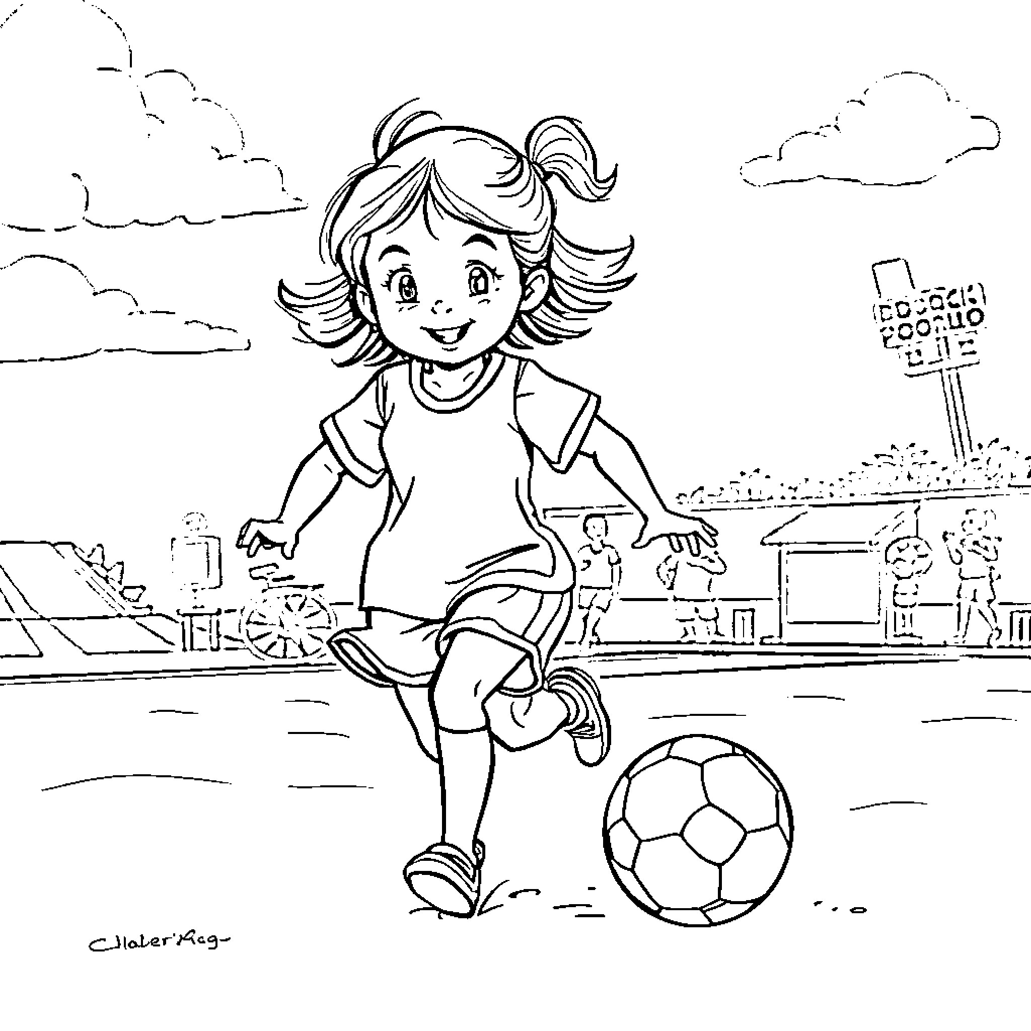 Bubu playing soccer cheerfully on the field Coloring Page (free black-and-white line drawing printable PDF for all, from beginners to advanced learners, including children, teens, adults, and seniors)