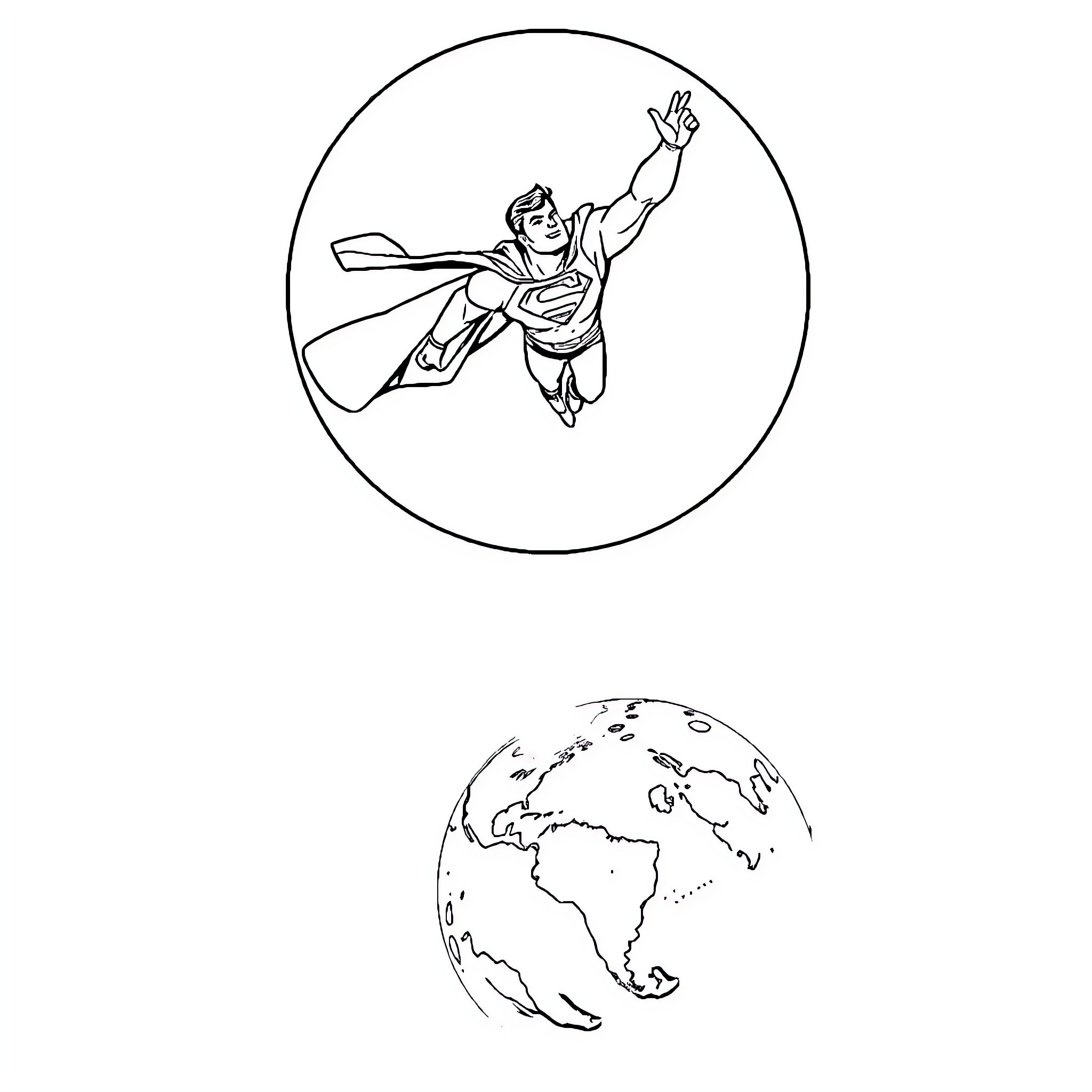 Superman soaring in the sky over the Earth Coloring Page (free black-and-white line drawing printable PDF for all, from beginners to advanced learners, including children, teens, adults, and seniors)