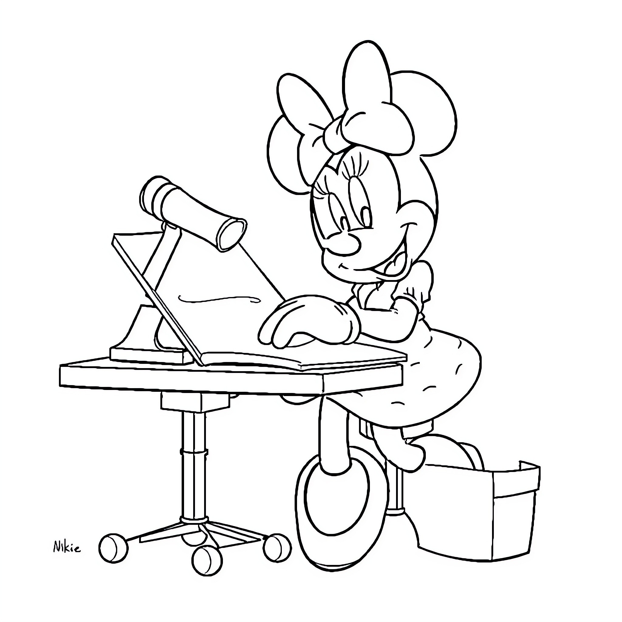 Minnie at her desk, working diligently Coloring Page (free black-and-white line drawing printable PDF for all, from beginners to advanced learners, including children, teens, adults, and seniors)