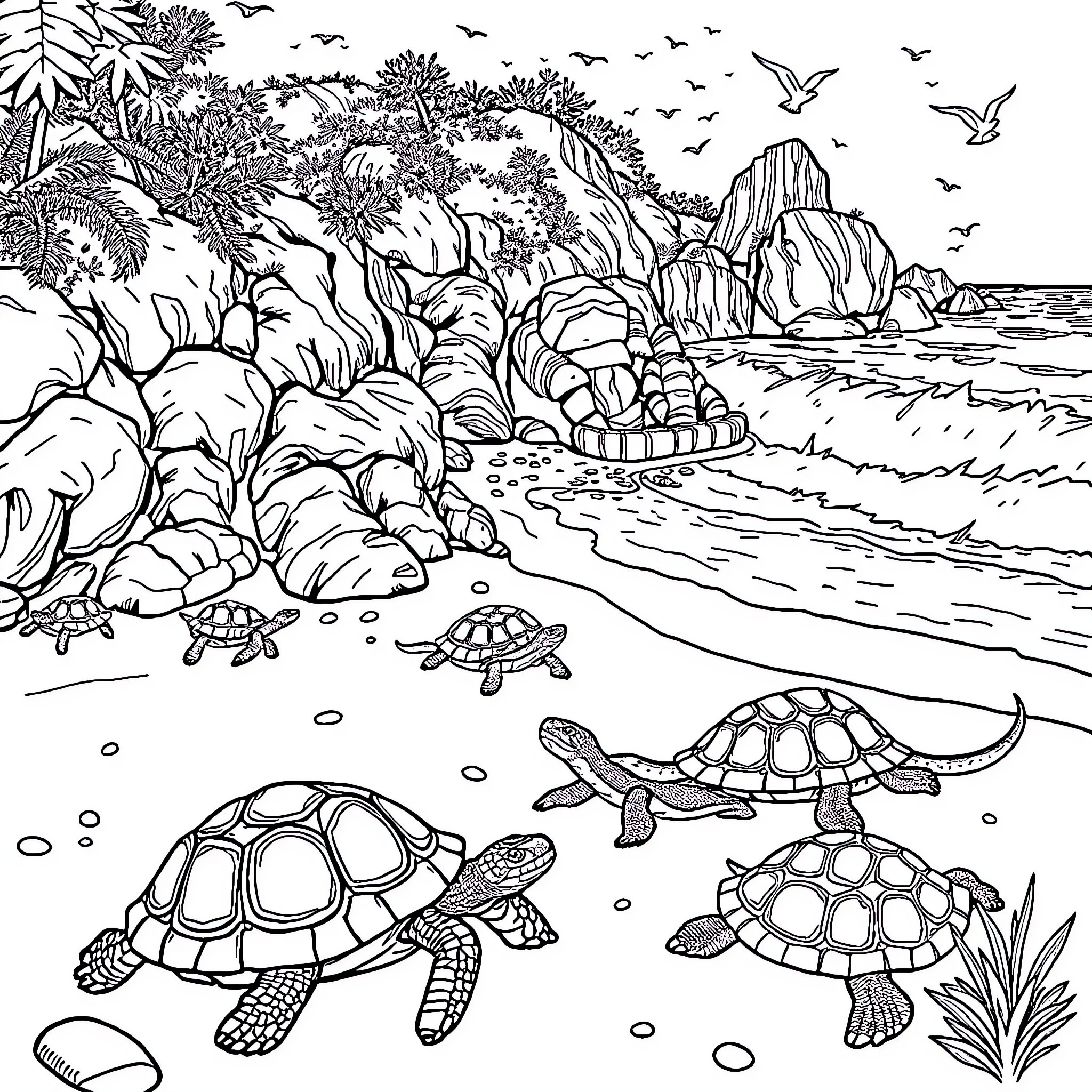Plage with Tropical Scenery and Marine Life Coloring Page (free black-and-white line drawing printable PDF for all, from beginners to advanced learners, including children, teens, adults, and seniors)