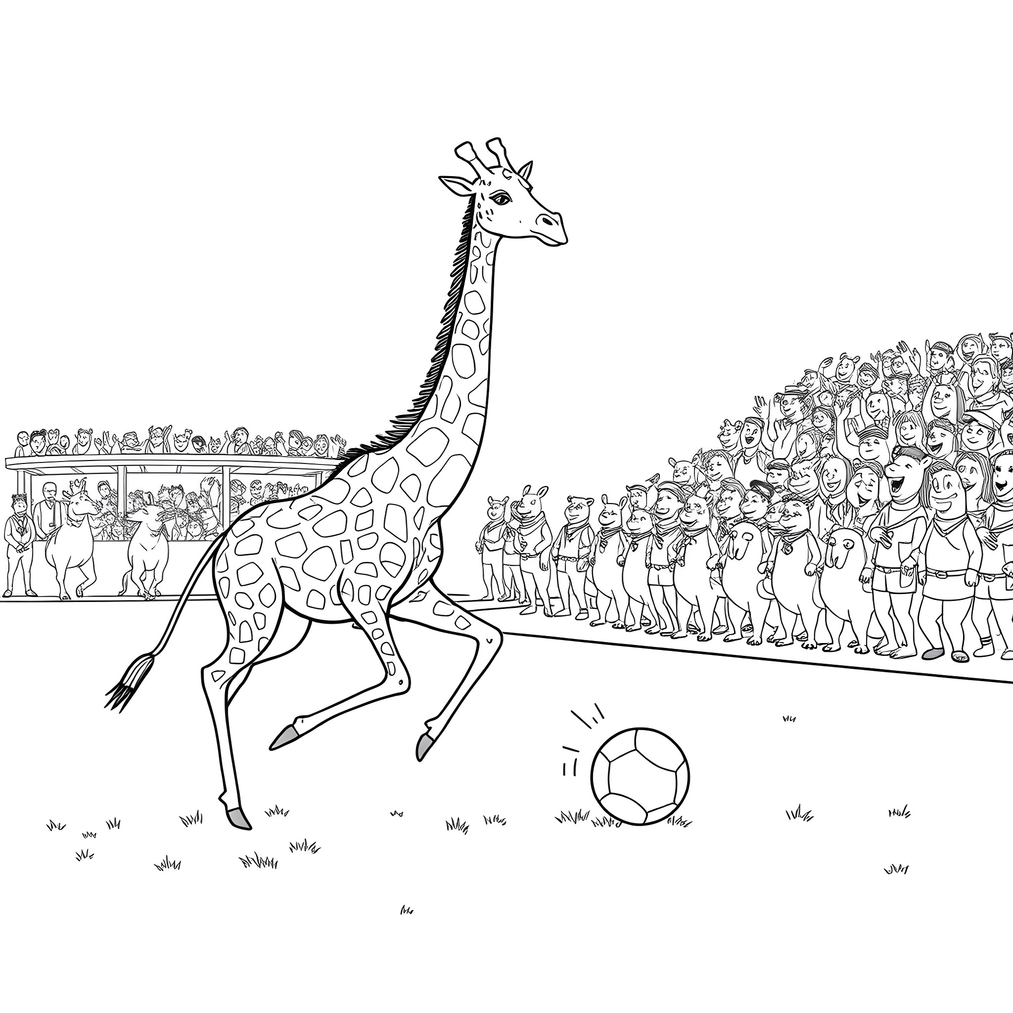 Giraffe running freely through a sporting event Coloring Page (free black-and-white line drawing printable PDF for all, from beginners to advanced learners, including children, teens, adults, and seniors)