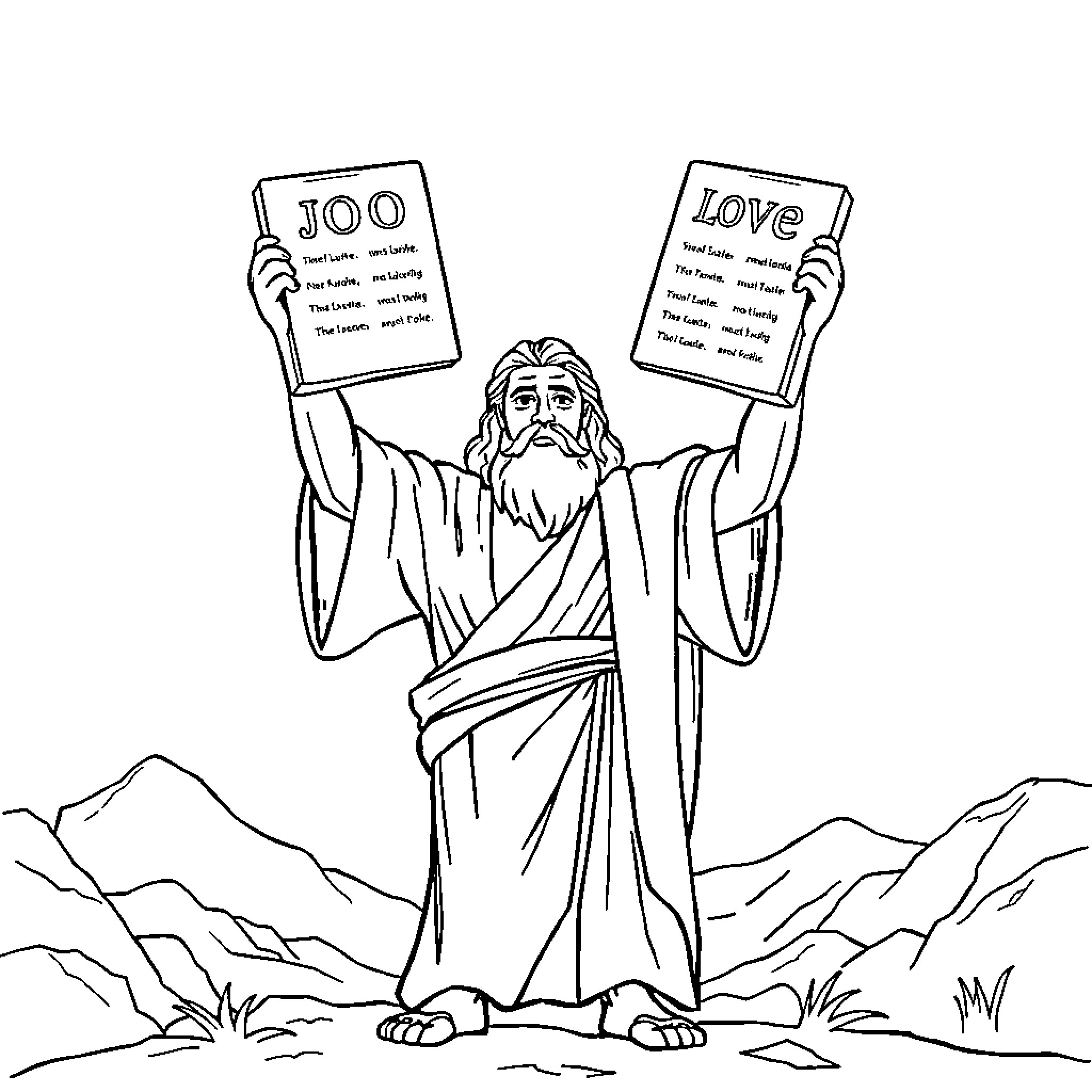 Moses Holding Commandments of Law and Love Coloring Page (free black-and-white line drawing printable PDF for all, from beginners to advanced learners, including children, teens, adults, and seniors)