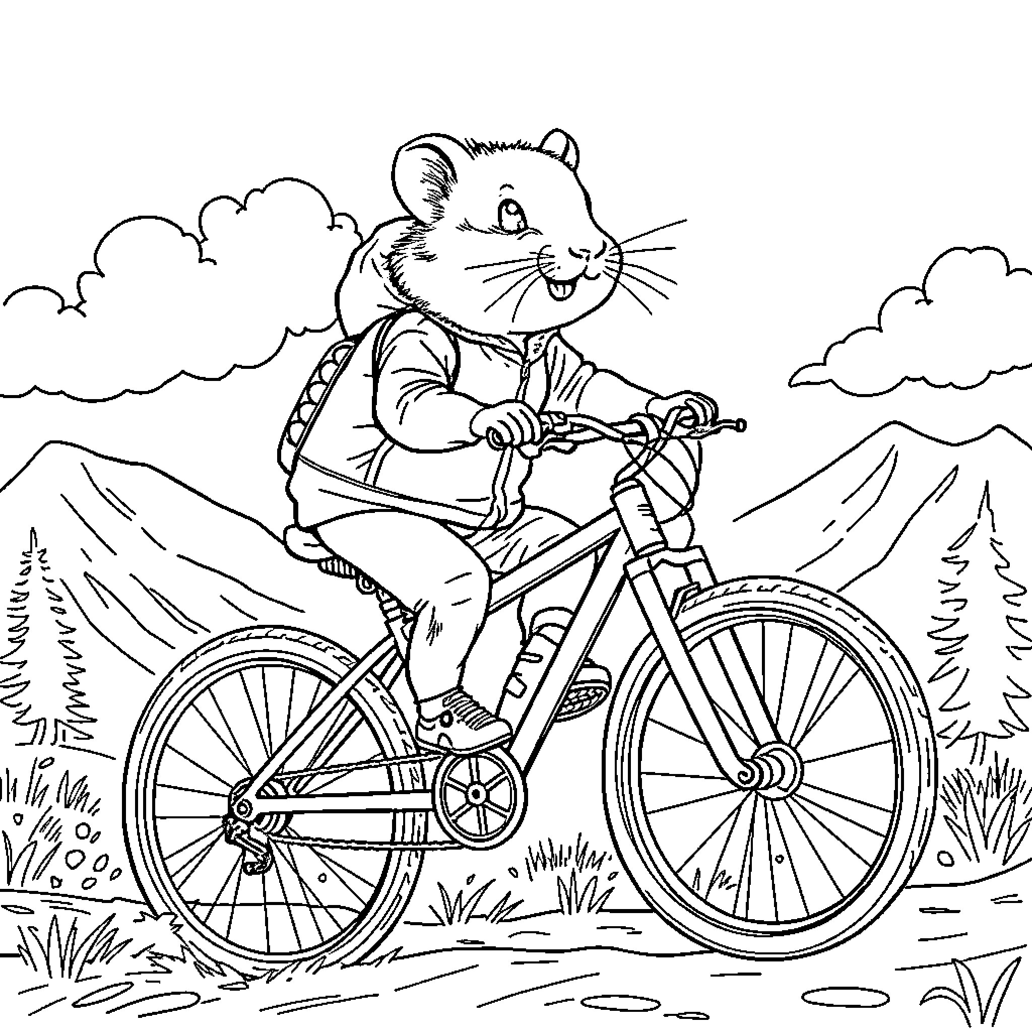 Hamster riding a bicycle through the mountains Coloring Page (free black-and-white line drawing printable PDF for all, from beginners to advanced learners, including children, teens, adults, and seniors)