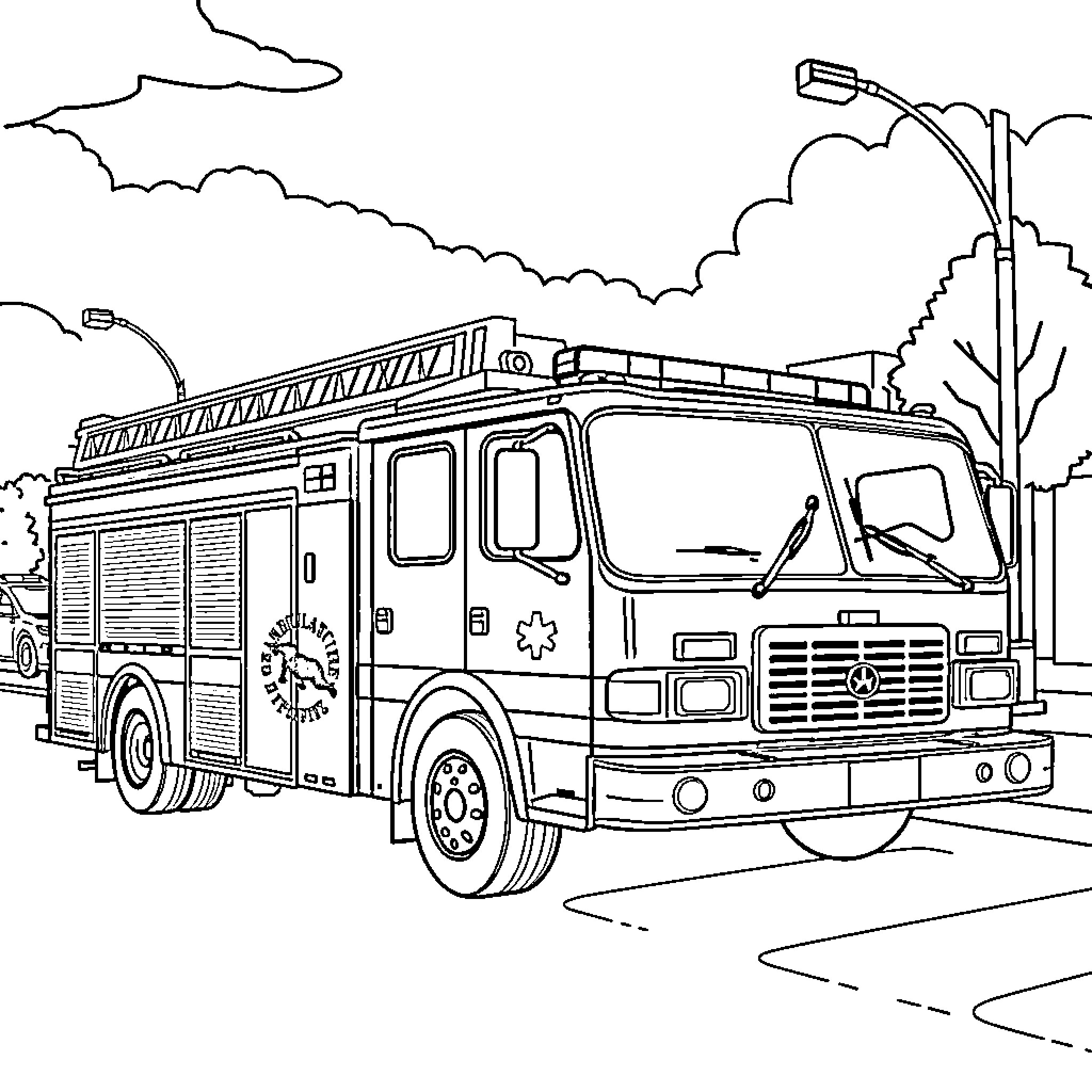 Firetruck responding to emergency call on the street Coloring Page (free black-and-white line drawing printable PDF for all, from beginners to advanced learners, including children, teens, adults, and seniors)