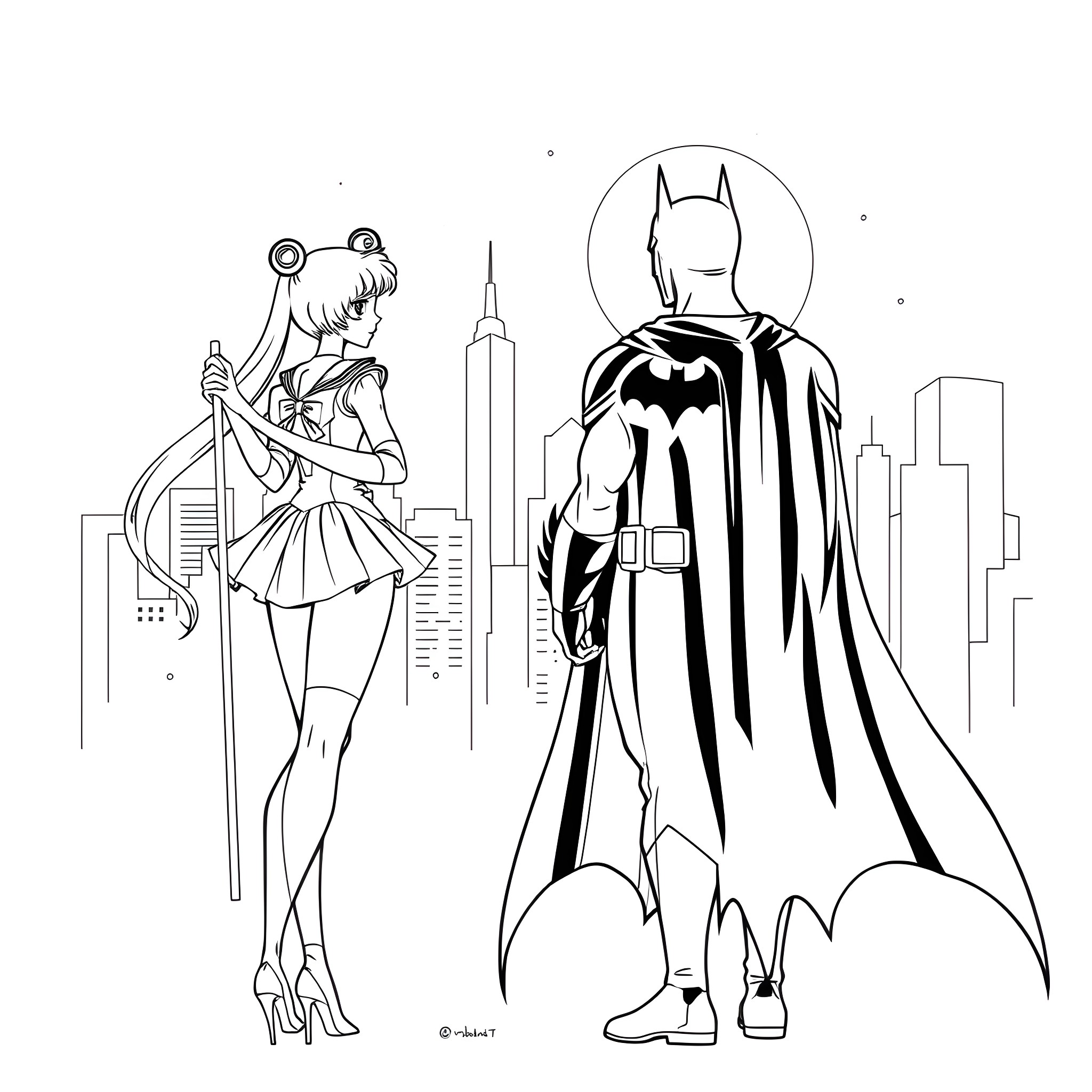 Sailor Moon and Batman in the City Coloring Page (free black-and-white line drawing printable PDF for all, from beginners to advanced learners, including children, teens, adults, and seniors)