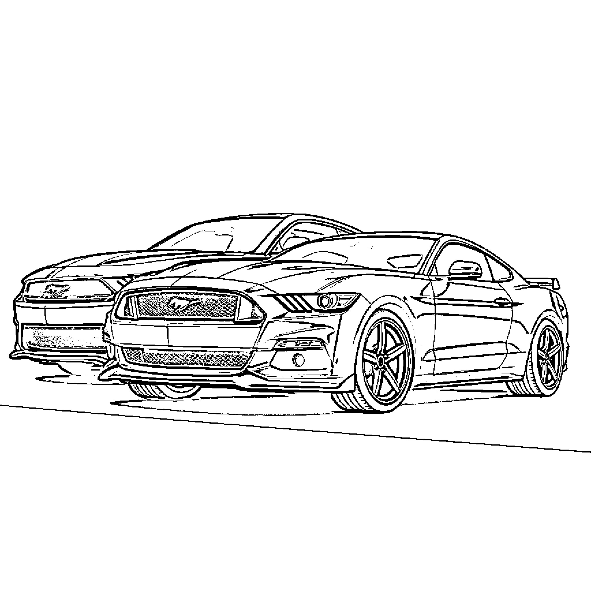 Mustang sports car in action-packed scene Coloring Page (free black-and-white line drawing printable PDF for all, from beginners to advanced learners, including children, teens, adults, and seniors)