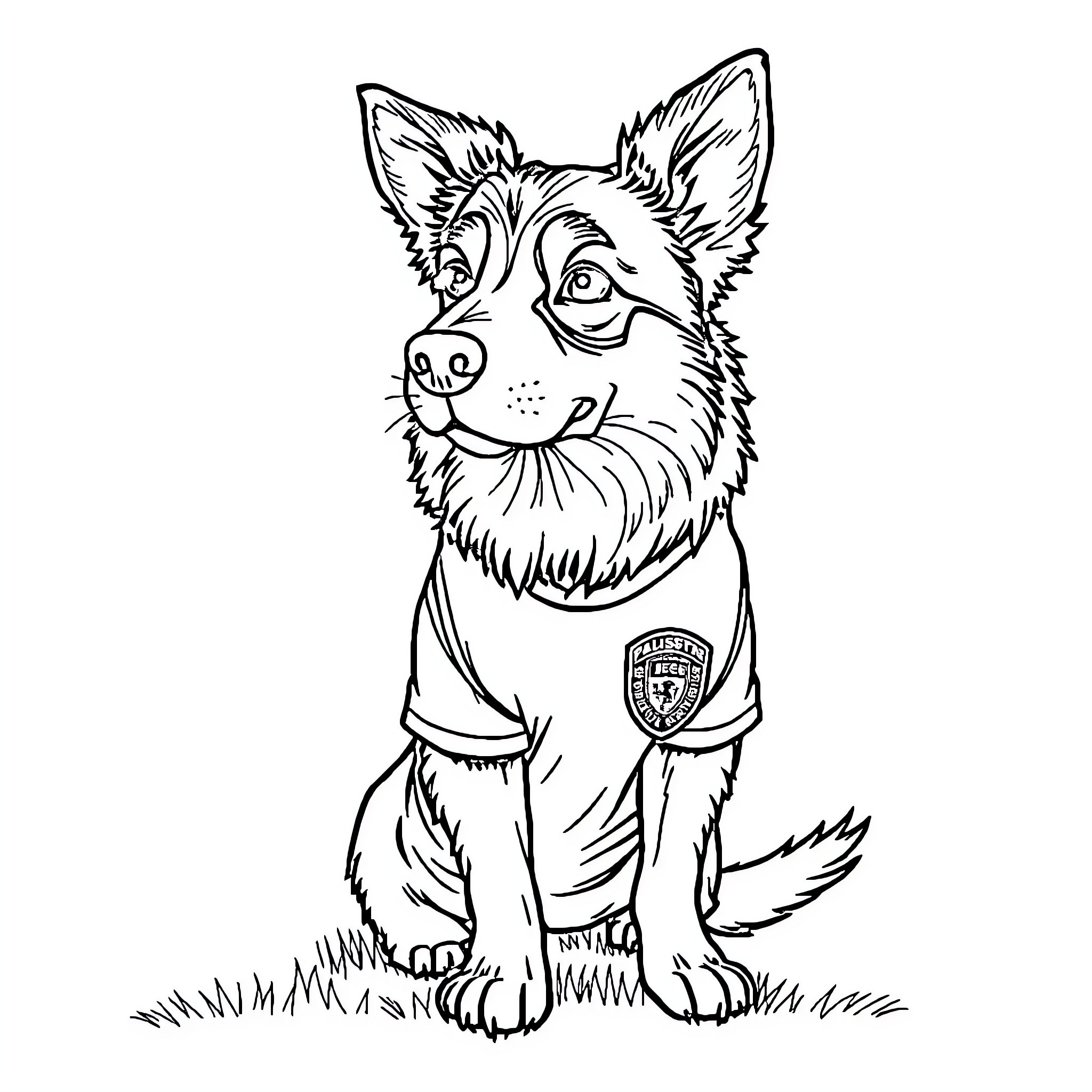 Hund in uniform sitting on grass Coloring Page (free black-and-white line drawing printable PDF for all, from beginners to advanced learners, including children, teens, adults, and seniors)