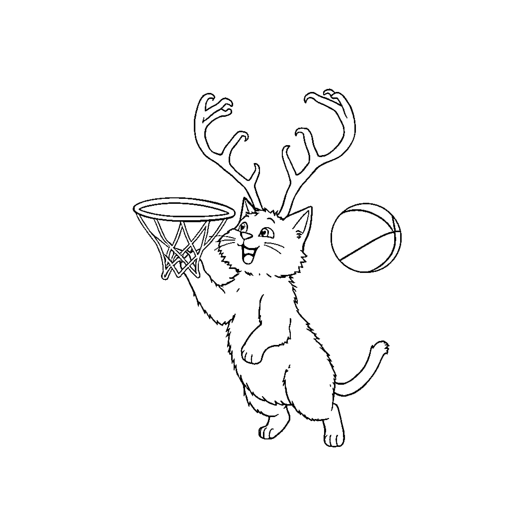 Cat playing basketball with antlers Coloring Page (free black-and-white line drawing printable PDF for all, from beginners to advanced learners, including children, teens, adults, and seniors)