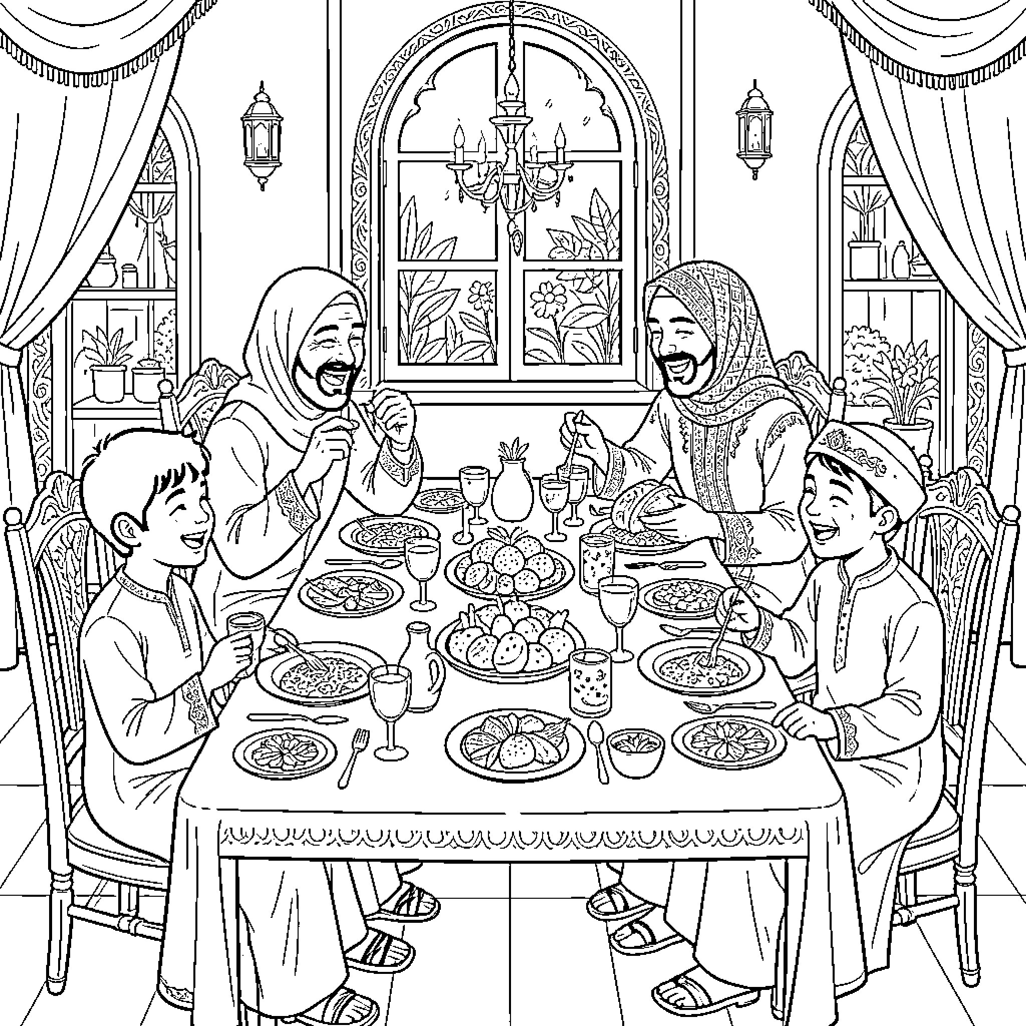 Family sharing a festive meal together Coloring Page (free black-and-white line drawing printable PDF for all, from beginners to advanced learners, including children, teens, adults, and seniors)