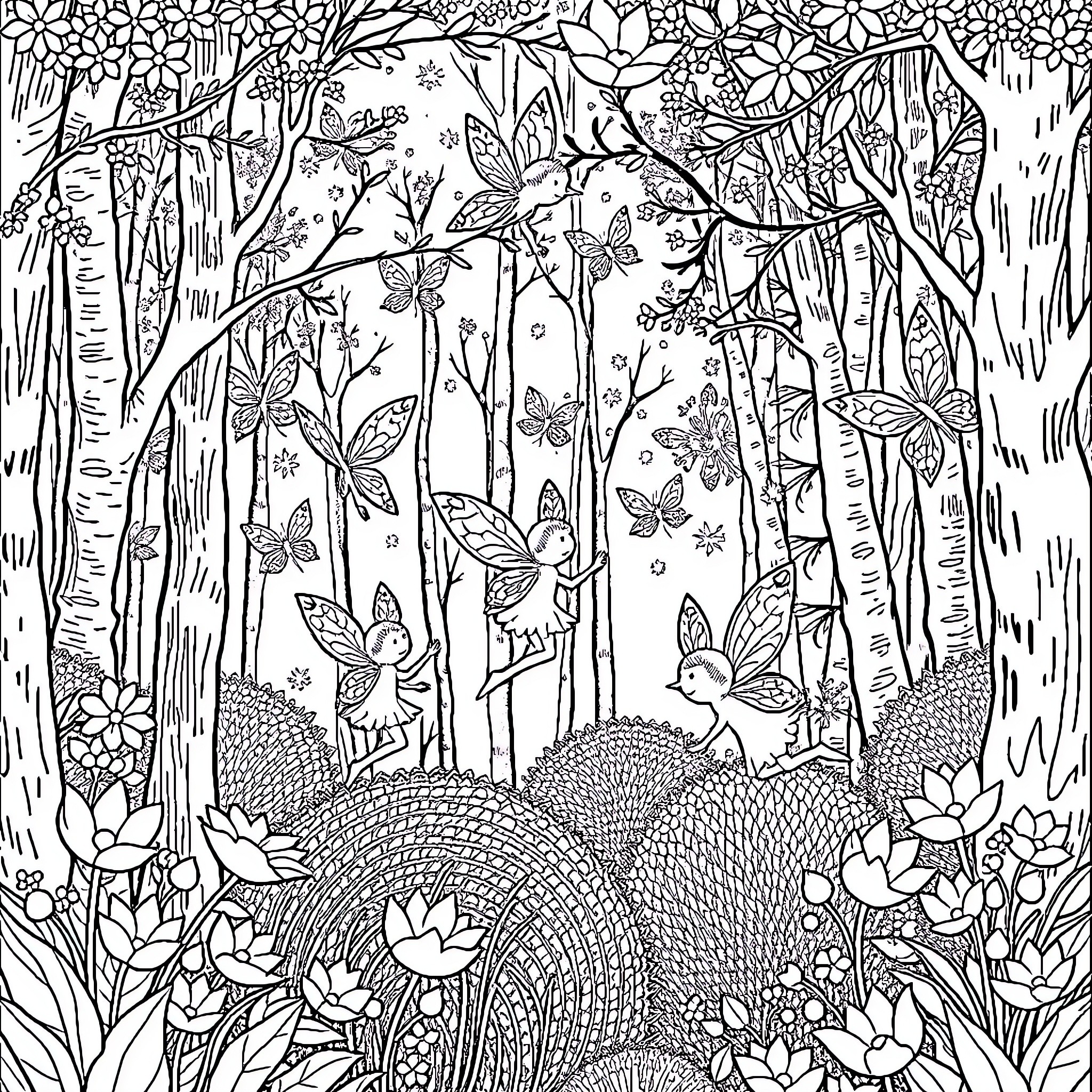 Fairy Forest with Whimsical Creatures and Flowers Coloring Page (free black-and-white line drawing printable PDF for all, from beginners to advanced learners, including children, teens, adults, and seniors)