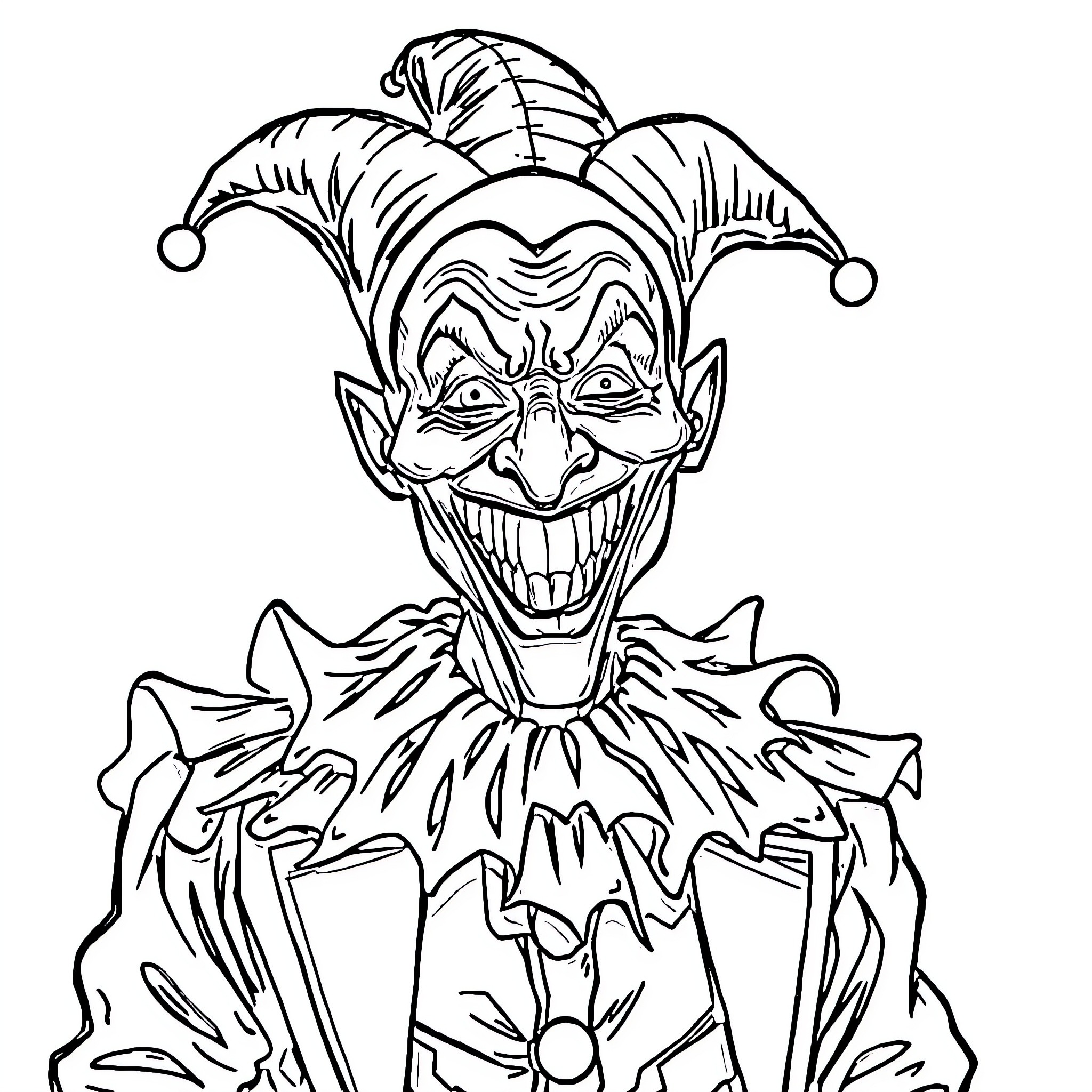 Jester's Sinister Grin and Theatrical Attire Coloring Page (free black-and-white line drawing printable PDF for all, from beginners to advanced learners, including children, teens, adults, and seniors)