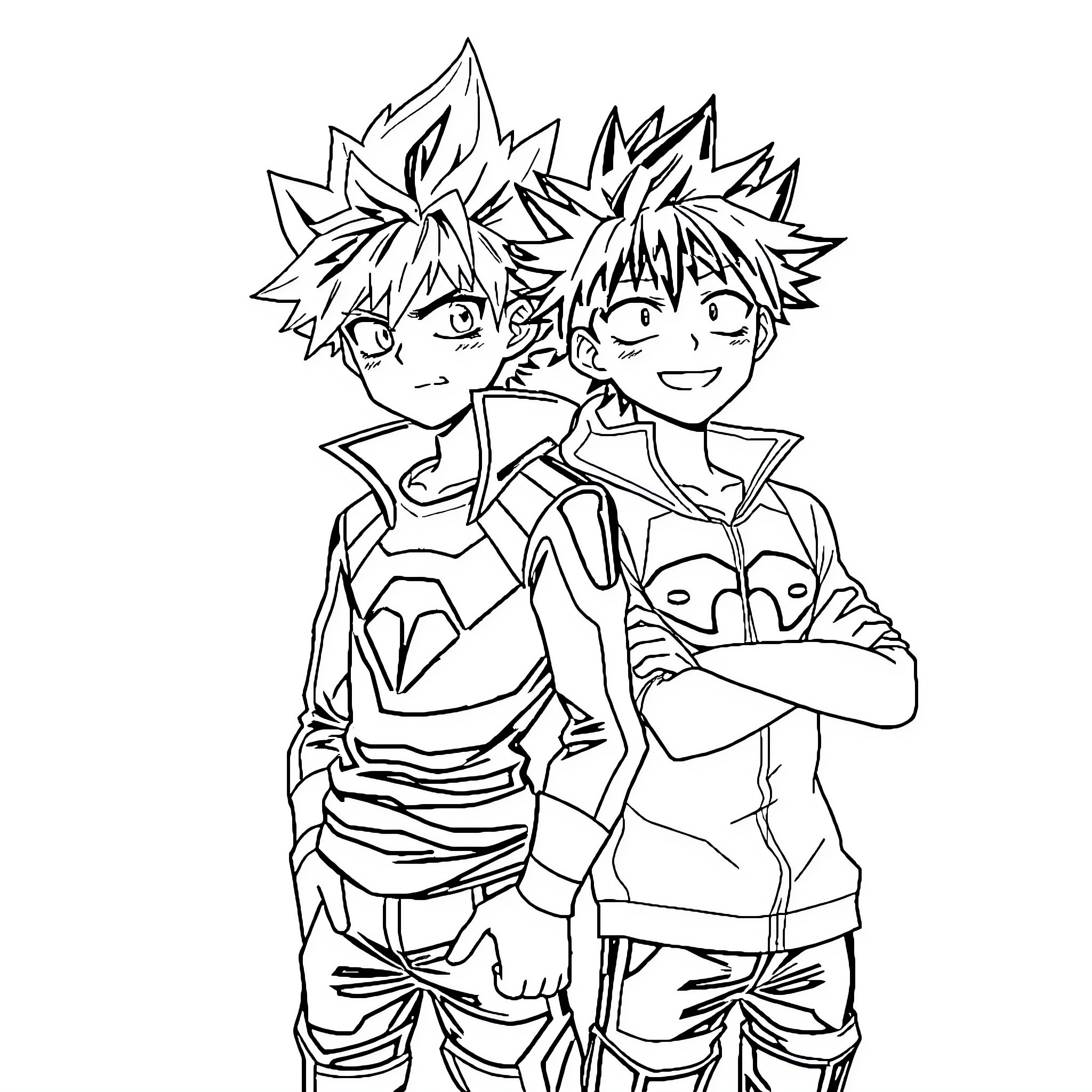Bakudeku: Energetic Duo's Friendly Interaction Coloring Page (free black-and-white line drawing printable PDF for all, from beginners to advanced learners, including children, teens, adults, and seniors)