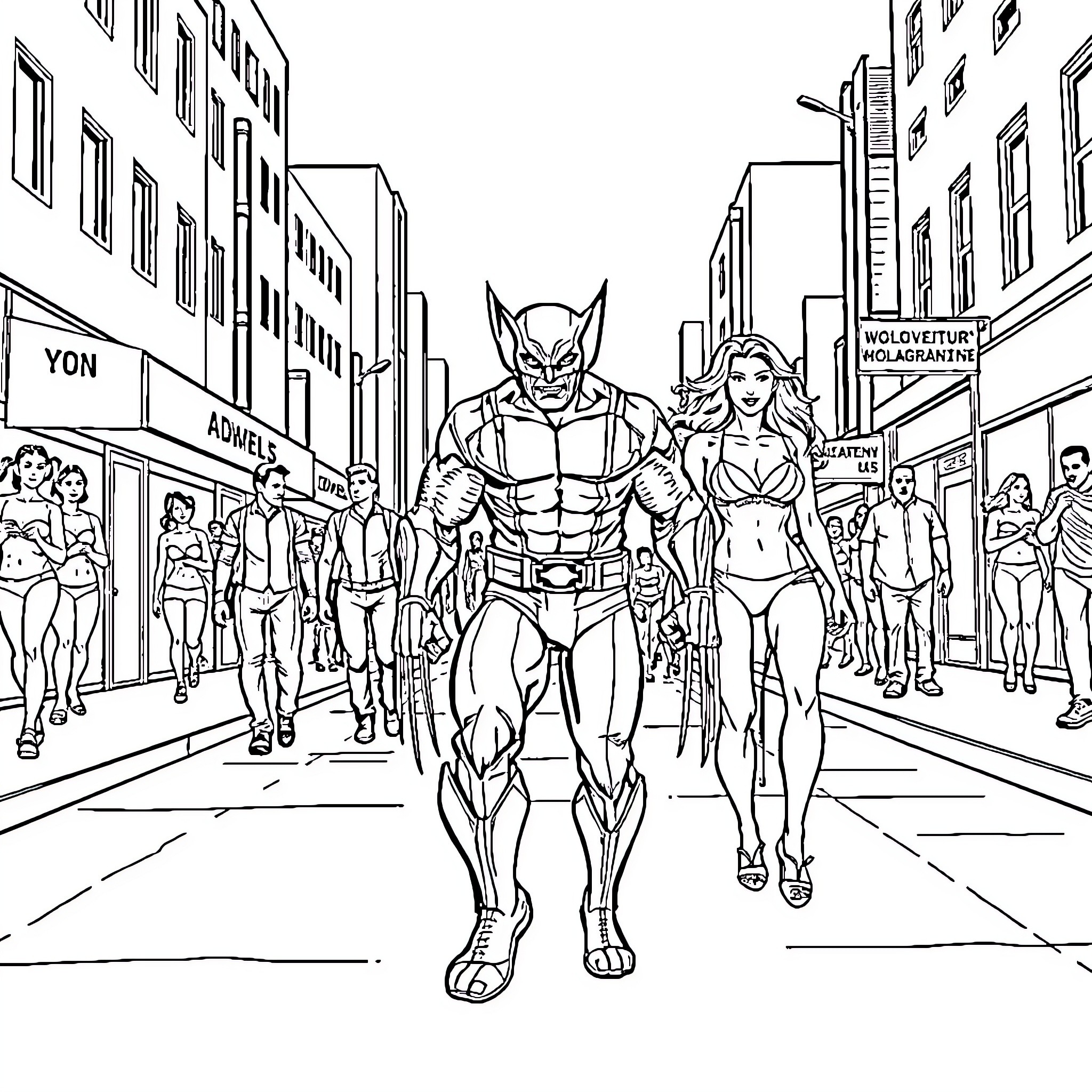 Wolverine and Mutant Companion Patrolling City Streets Coloring Page (free black-and-white line drawing printable PDF for all, from beginners to advanced learners, including children, teens, adults, and seniors)