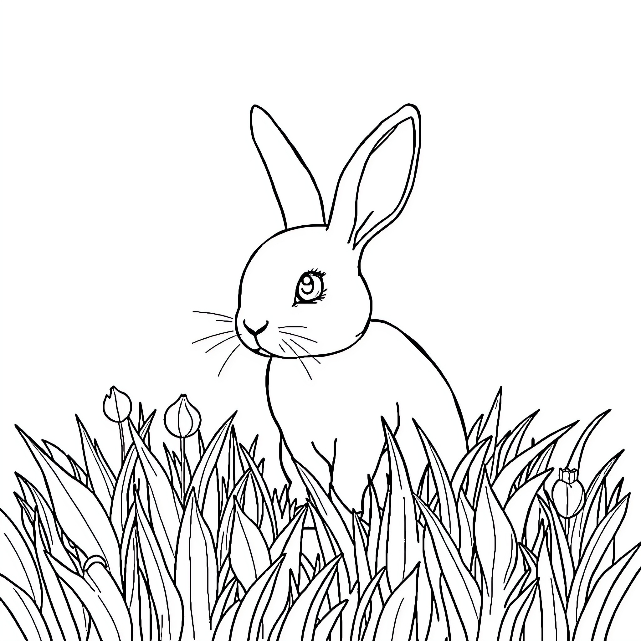Rabbit sitting in a field of flowers Coloring Page (free black-and-white line drawing printable PDF for all, from beginners to advanced learners, including children, teens, adults, and seniors)