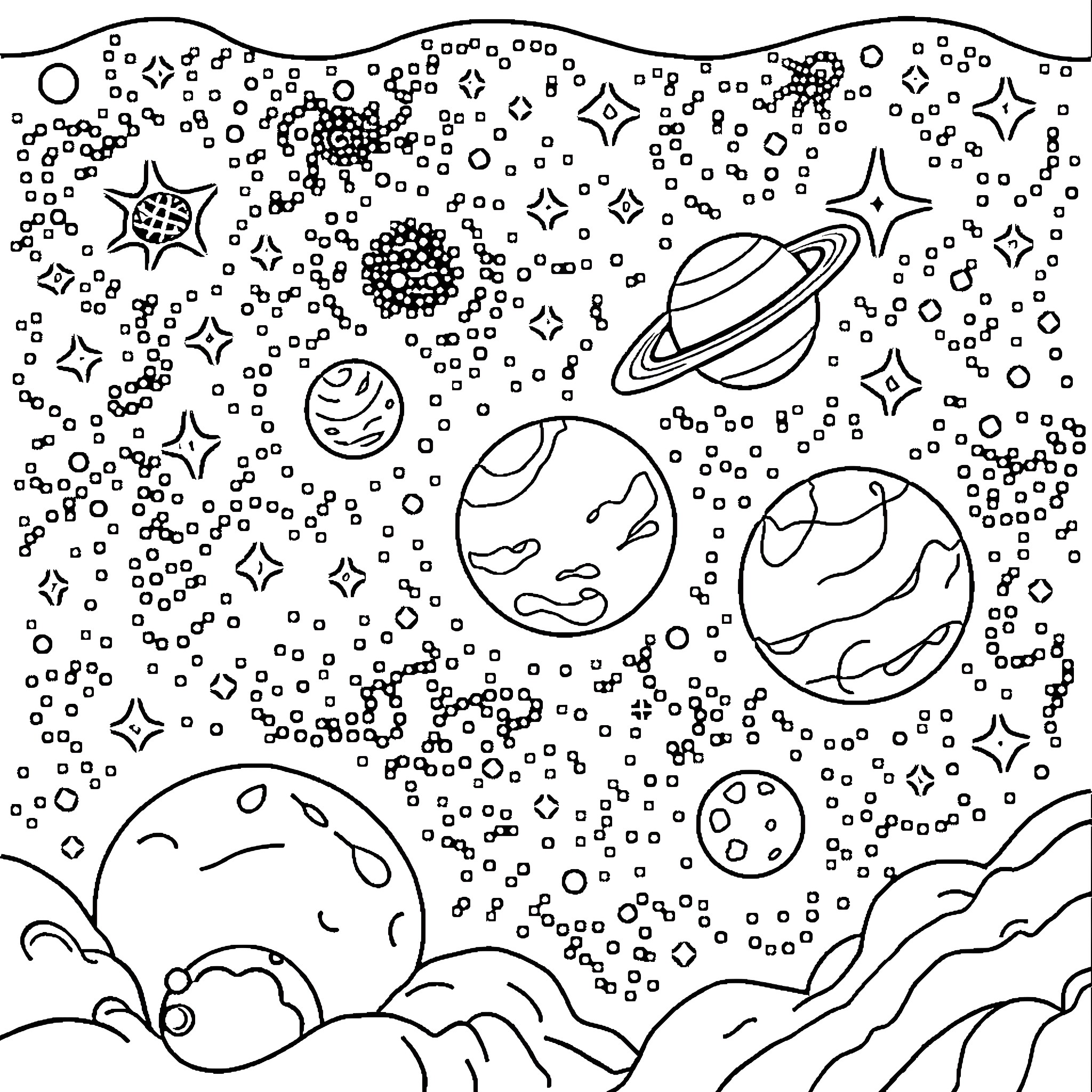 Space exploration and celestial bodies Coloring Page (free black-and-white line drawing printable PDF for all, from beginners to advanced learners, including children, teens, adults, and seniors)