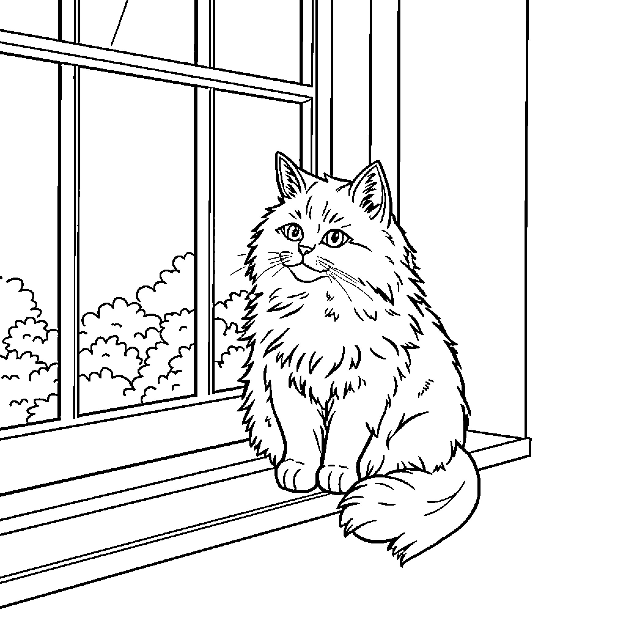 Cat gazing curiously through window Coloring Page (free black-and-white line drawing printable PDF for all, from beginners to advanced learners, including children, teens, adults, and seniors)