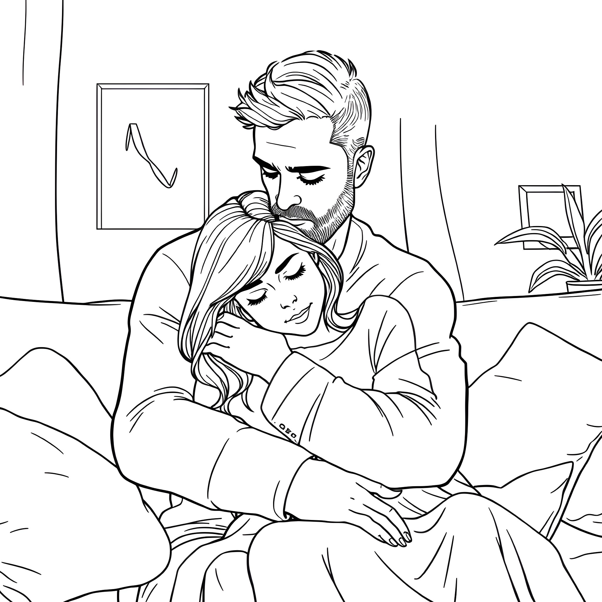 Husband Comforting Wife in Loving Embrace Coloring Page (free black-and-white line drawing printable PDF for all, from beginners to advanced learners, including children, teens, adults, and seniors)
