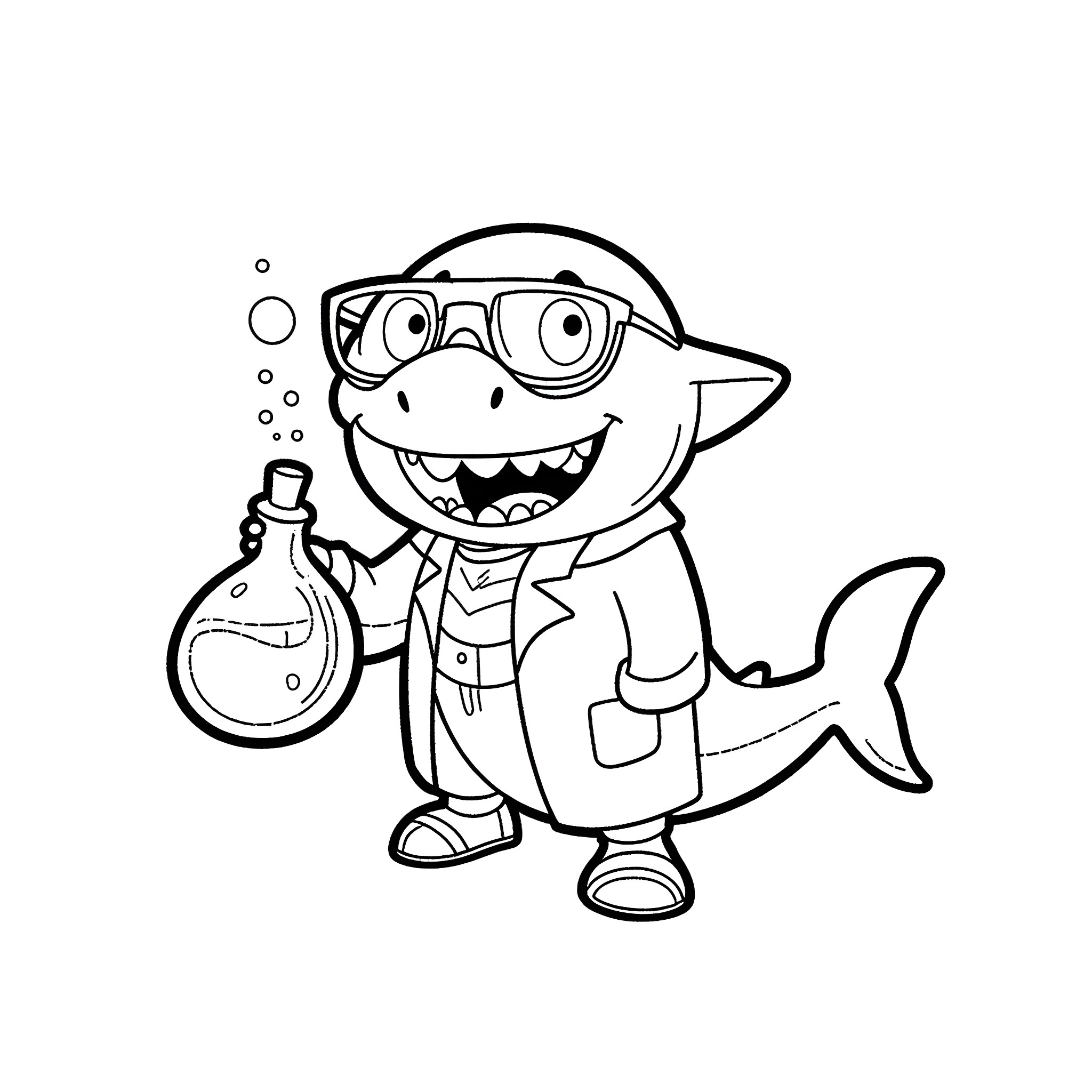 Shark scientist in lab coat with beaker Coloring Page (free black-and-white line drawing printable PDF for all, from beginners to advanced learners, including children, teens, adults, and seniors)