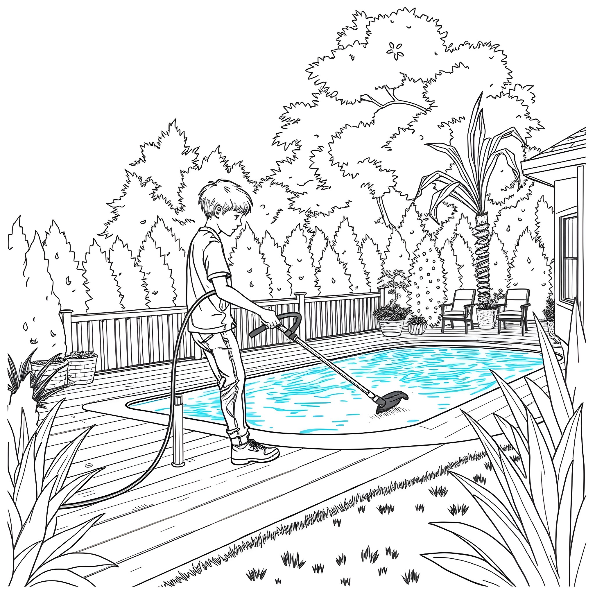 Teen Guy Cleaning Pool in Backyard Coloring Page (free black-and-white line drawing printable PDF for all, from beginners to advanced learners, including children, teens, adults, and seniors)