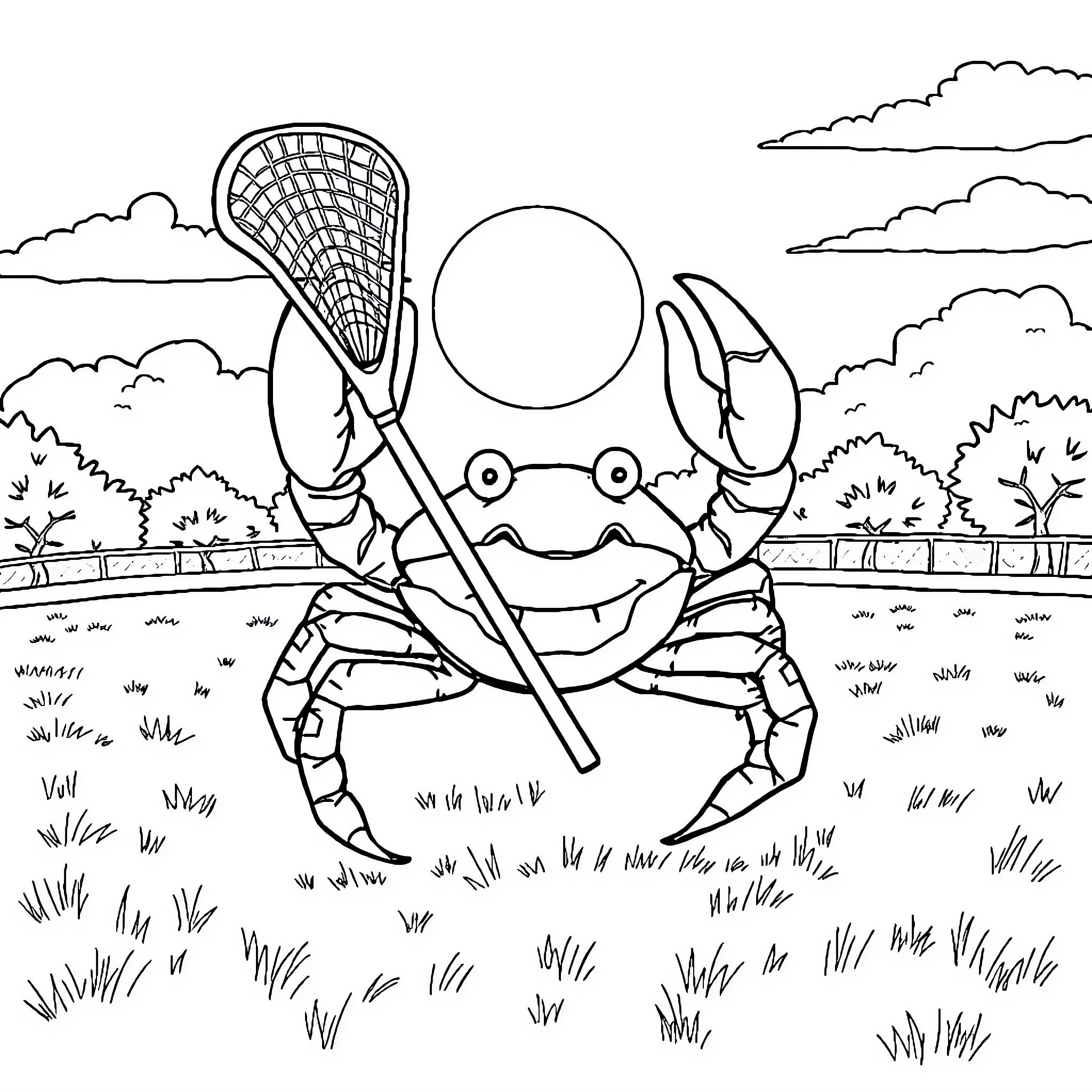 Crab playing with lacrosse stick in nature Coloring Page (free black-and-white line drawing printable PDF for all, from beginners to advanced learners, including children, teens, adults, and seniors)