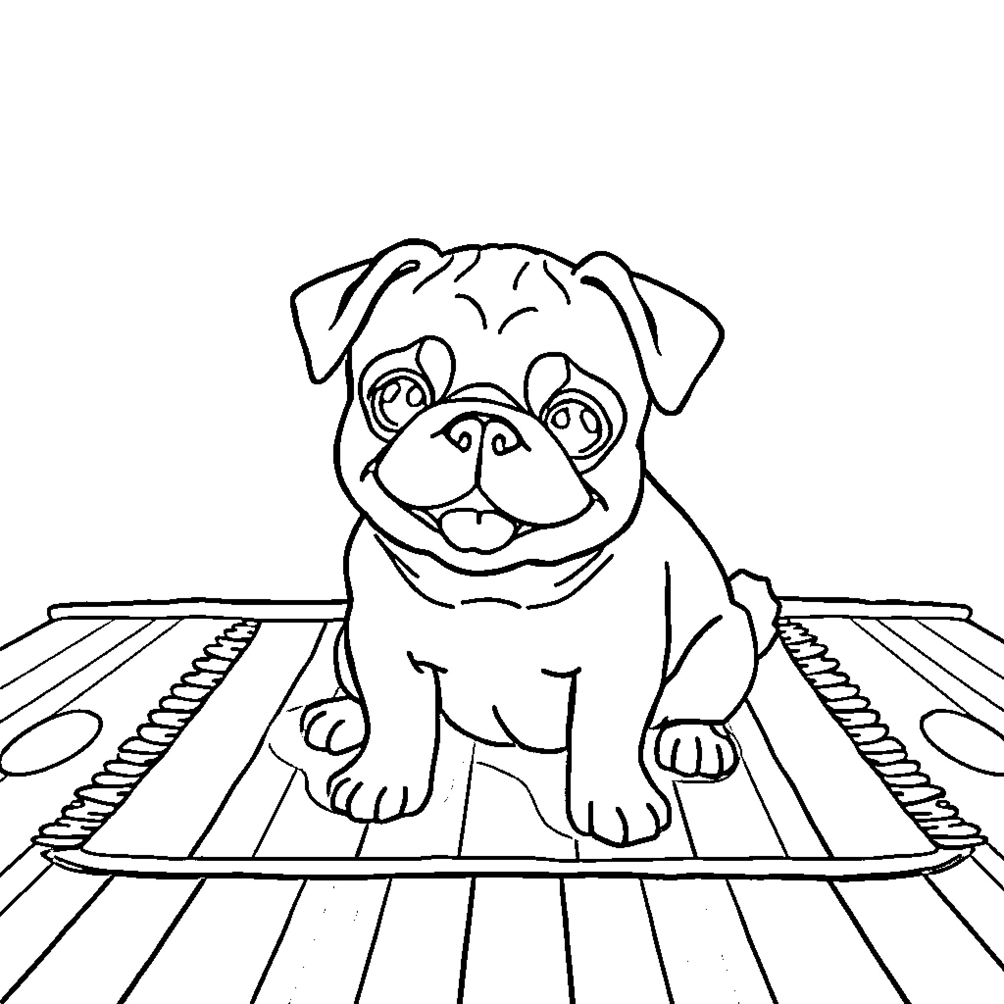 Pug sitting happily on a patterned rug Coloring Page (free black-and-white line drawing printable PDF for all, from beginners to advanced learners, including children, teens, adults, and seniors)