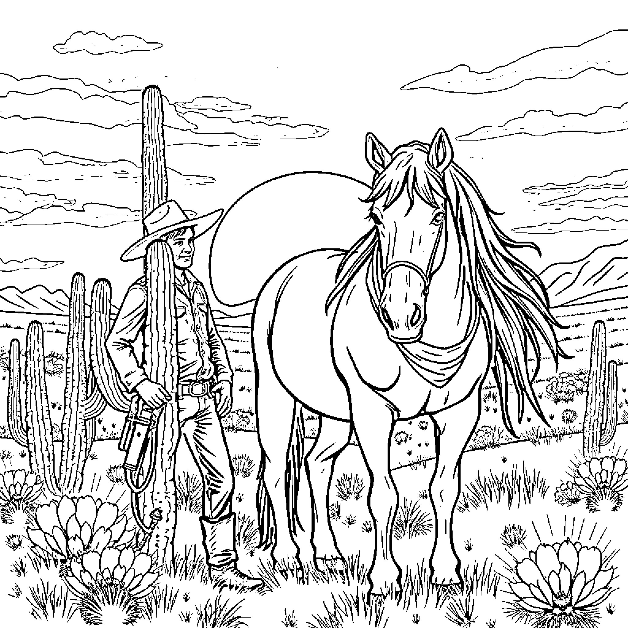 Cowboy and his trusty horse in the western desert Coloring Page (free black-and-white line drawing printable PDF for all, from beginners to advanced learners, including children, teens, adults, and seniors)