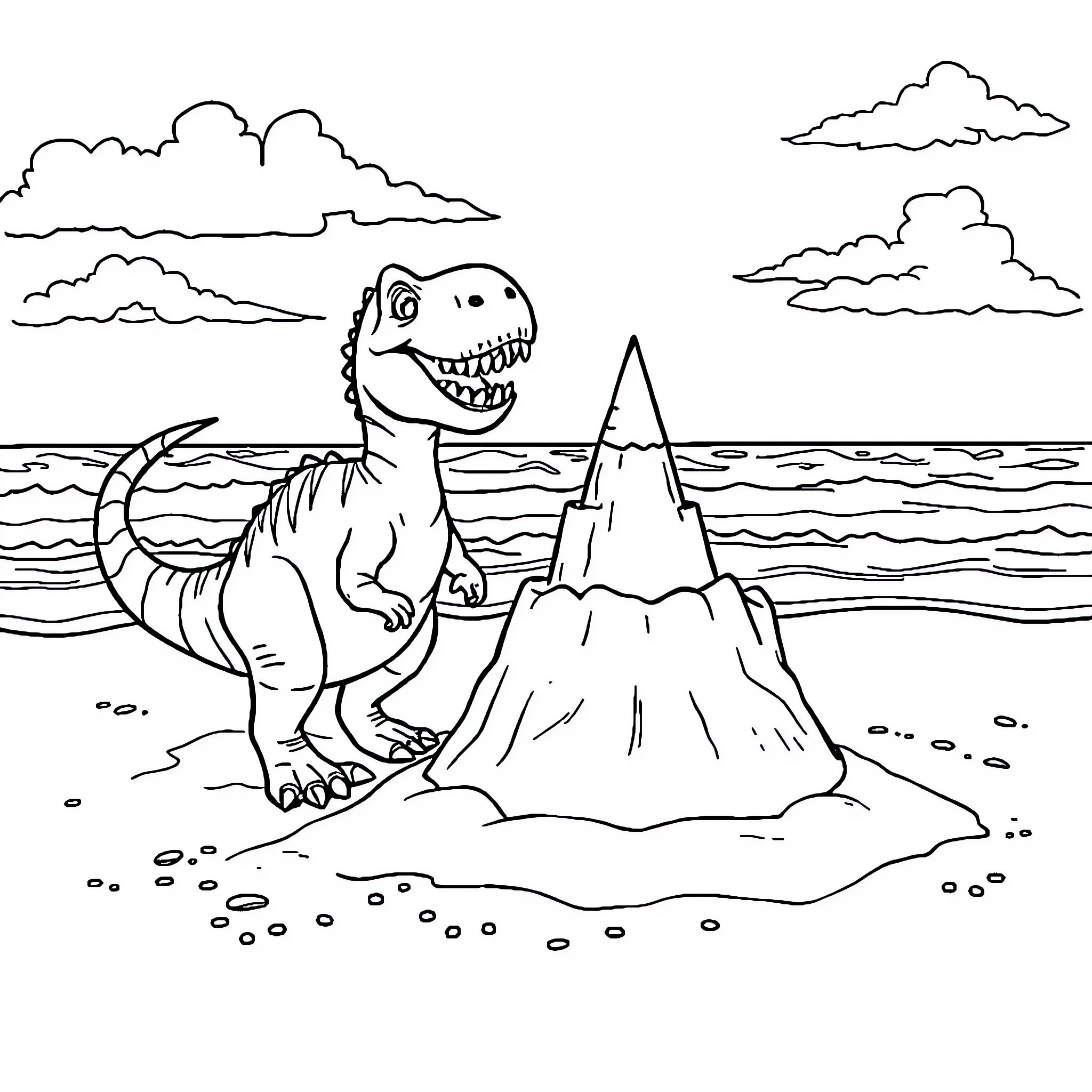 Dinosaur playing on the beach with a sandcastle Coloring Page (free black-and-white line drawing printable PDF for all, from beginners to advanced learners, including children, teens, adults, and seniors)